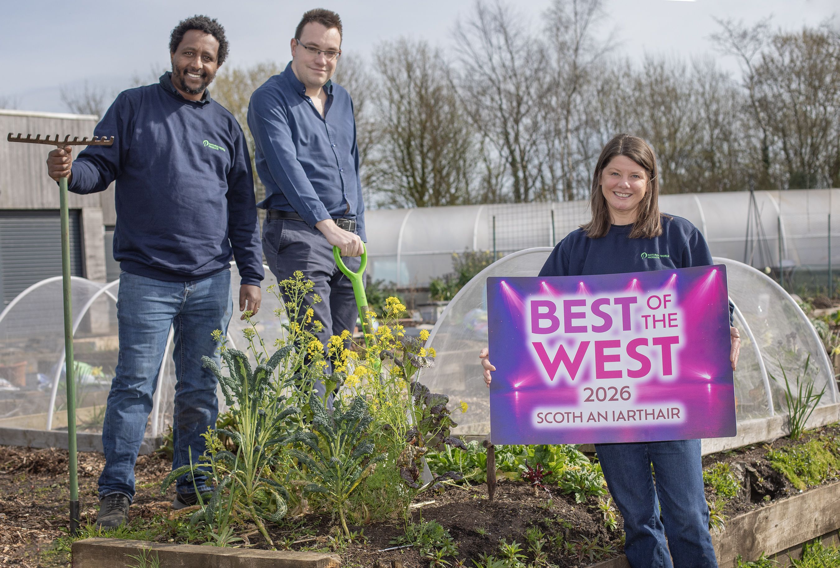 BEST OF THE WEST: Sharon McMaster, Community Outreach Manager at Natural World Products, and Biruk Sahle, Head of Sustainable Growing with Conor McParland from Andersonstown News