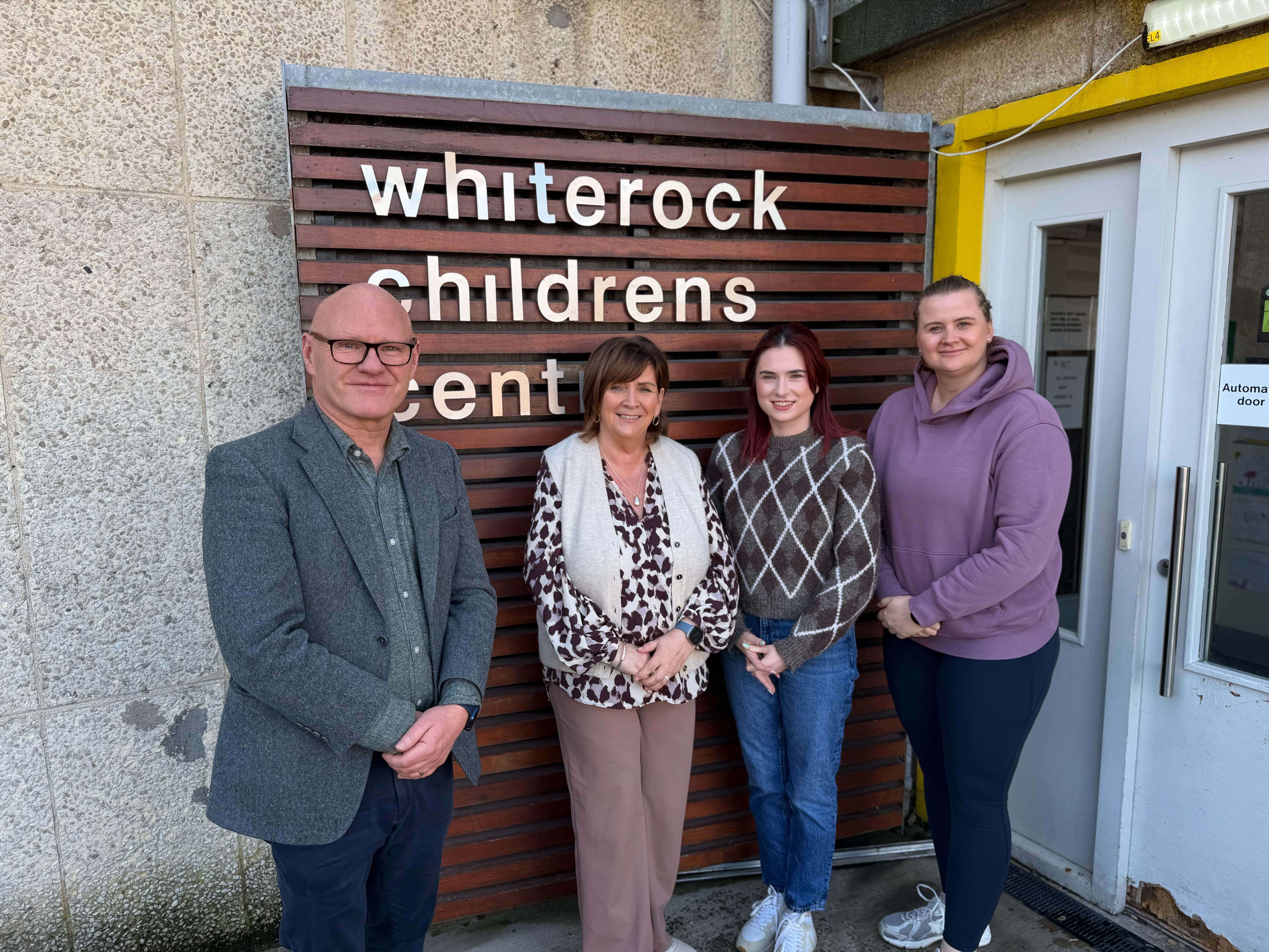 FAMILY CENTRE: West Belfast MP Paul Maskey with Deirdre Walsh from Whiterock Family and Children’s Centre, Cllr Róis-Máire Donnelly and Aisling Reilly MLA