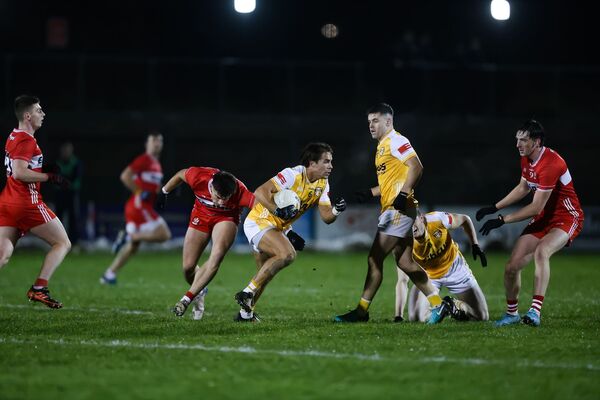 How can I watch Derry v Antrim in the Ulster Football Championship on Saturday evening?