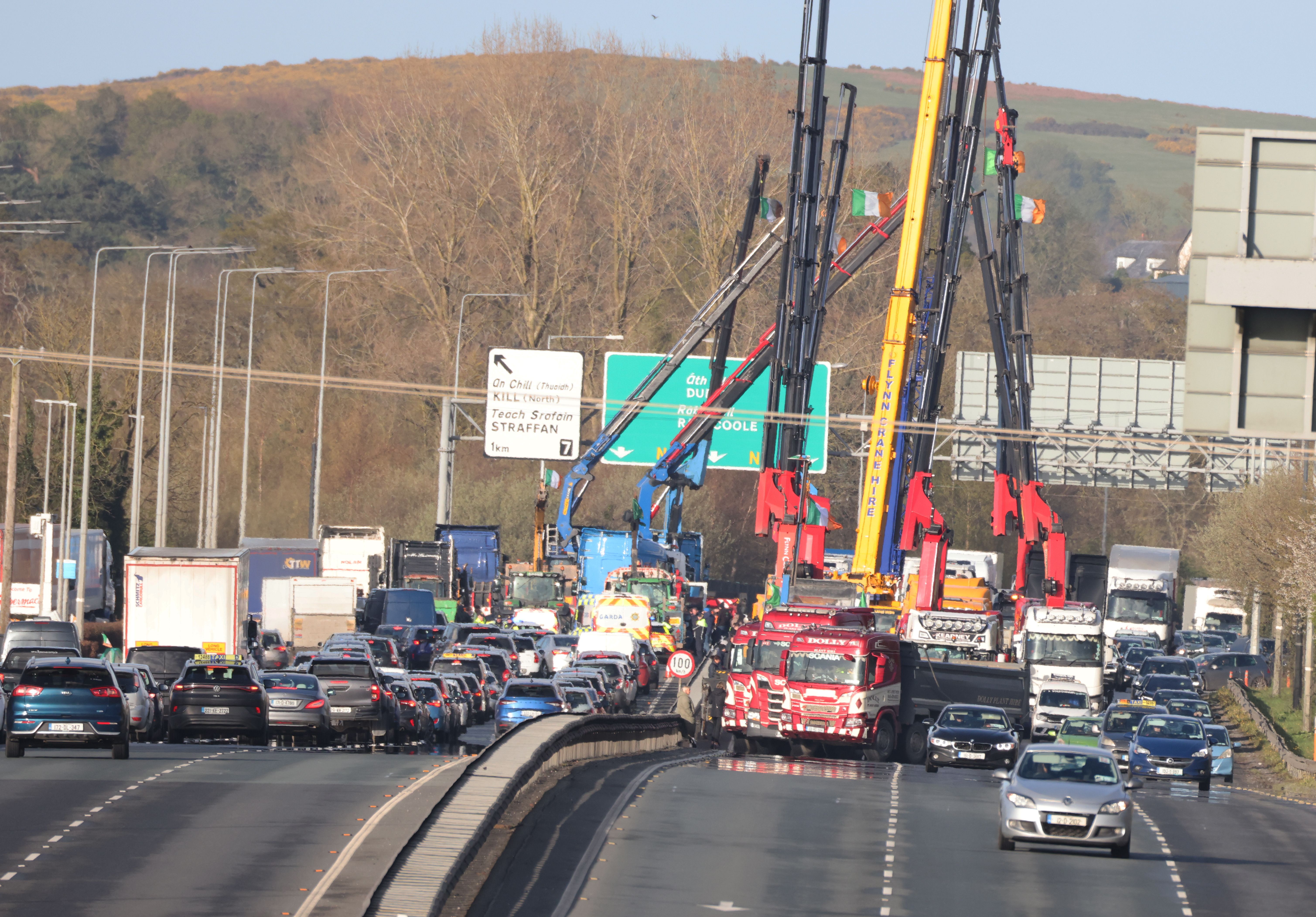 NO WAY THROUGH: Heavy plant blocking the N7 in Kildare as part of the farmers and truckers fuel protest