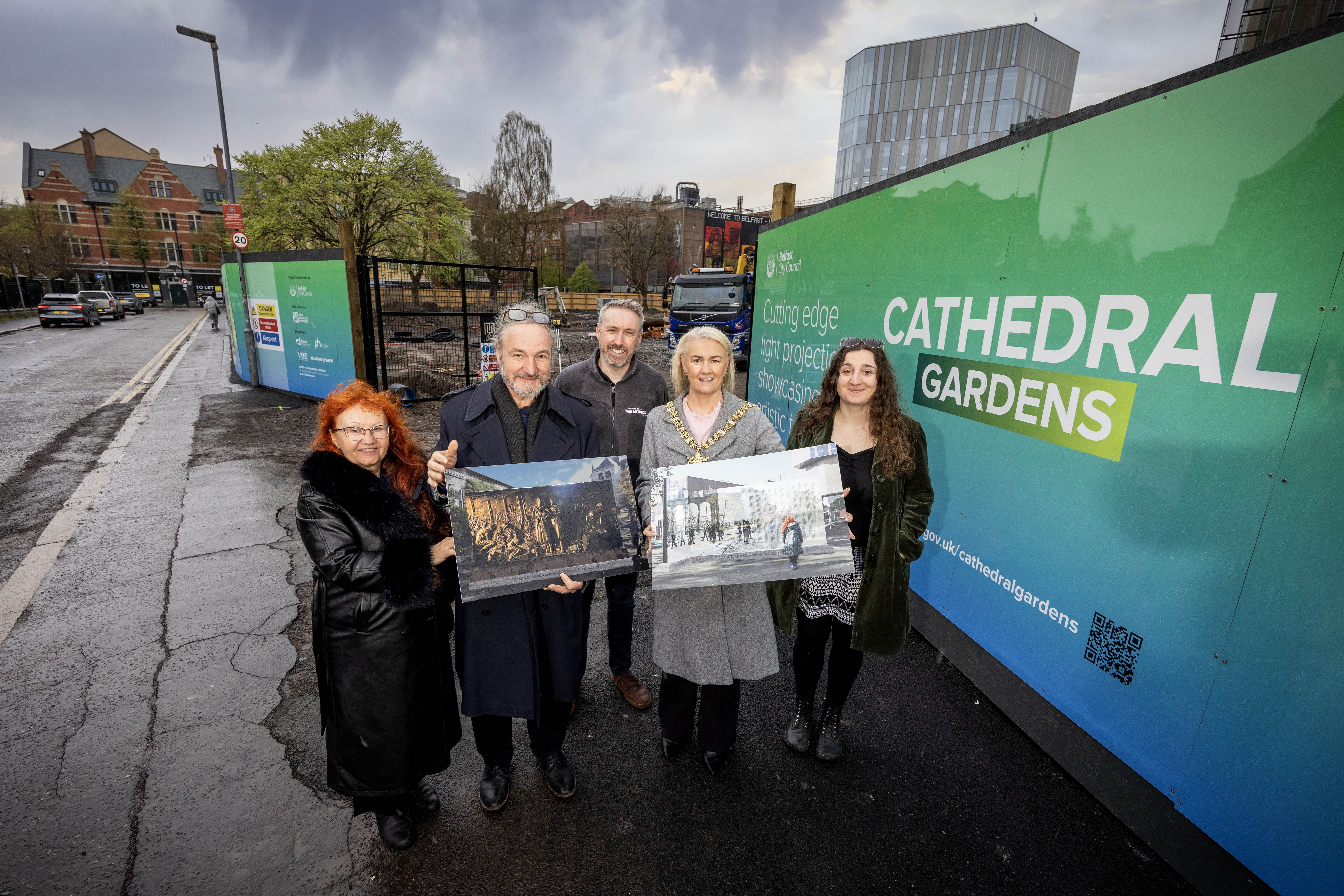 MEMORIAL: Halina Sander (engineer), Ralf Sander (artist), Michael Fryer, NI War Memorial Museum, Belfast Lord Mayor Councillor Tracy Kelly and Naomi Sander (artist) with striking designs for the Belfast Blitz Memorial