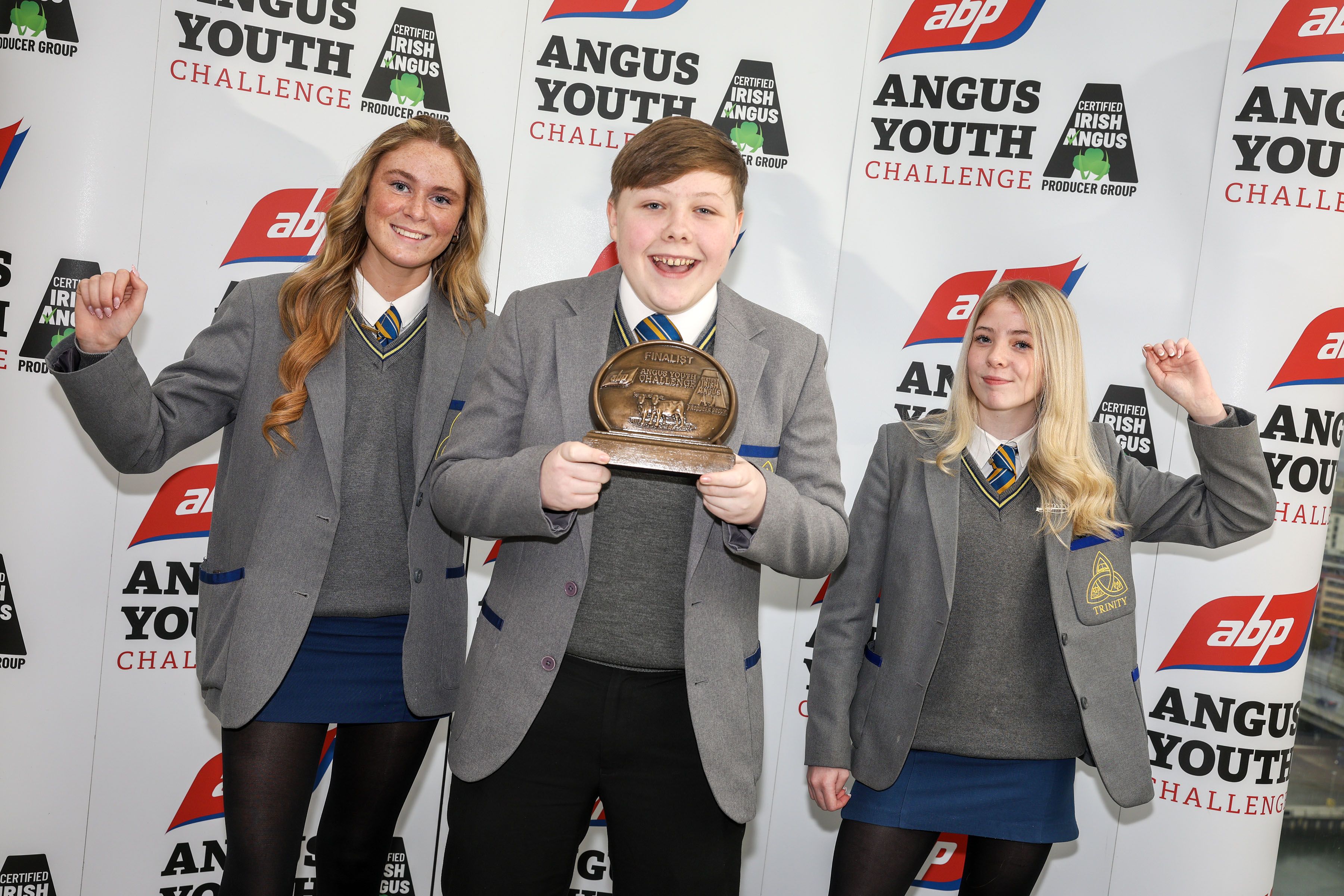 TOP MARKS: Blessed Trinity College pupils Hayleigh Hayles, Brooke Devlin and Deaglan McFarlane, who are finalists in the 2026 ABP Angus Youth Challenge 