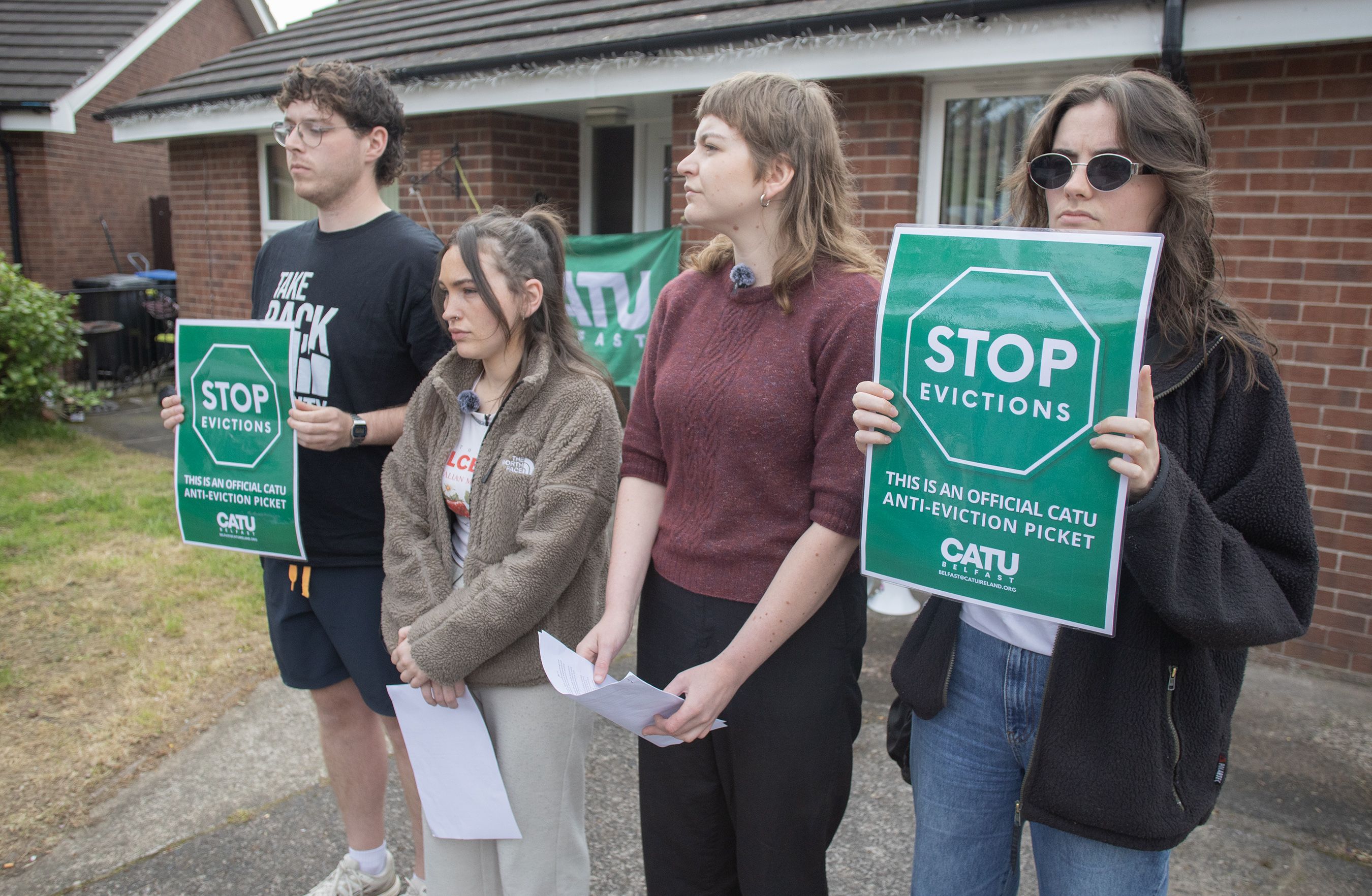 PROTEST: Conal Matthews (PPR), Lisa McCrudden, Hannah Gibson (CATU) and Kara McDonald (CATU)