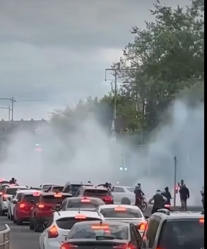 CHAOS: The scenes on the Stewartstown Road earlier 
