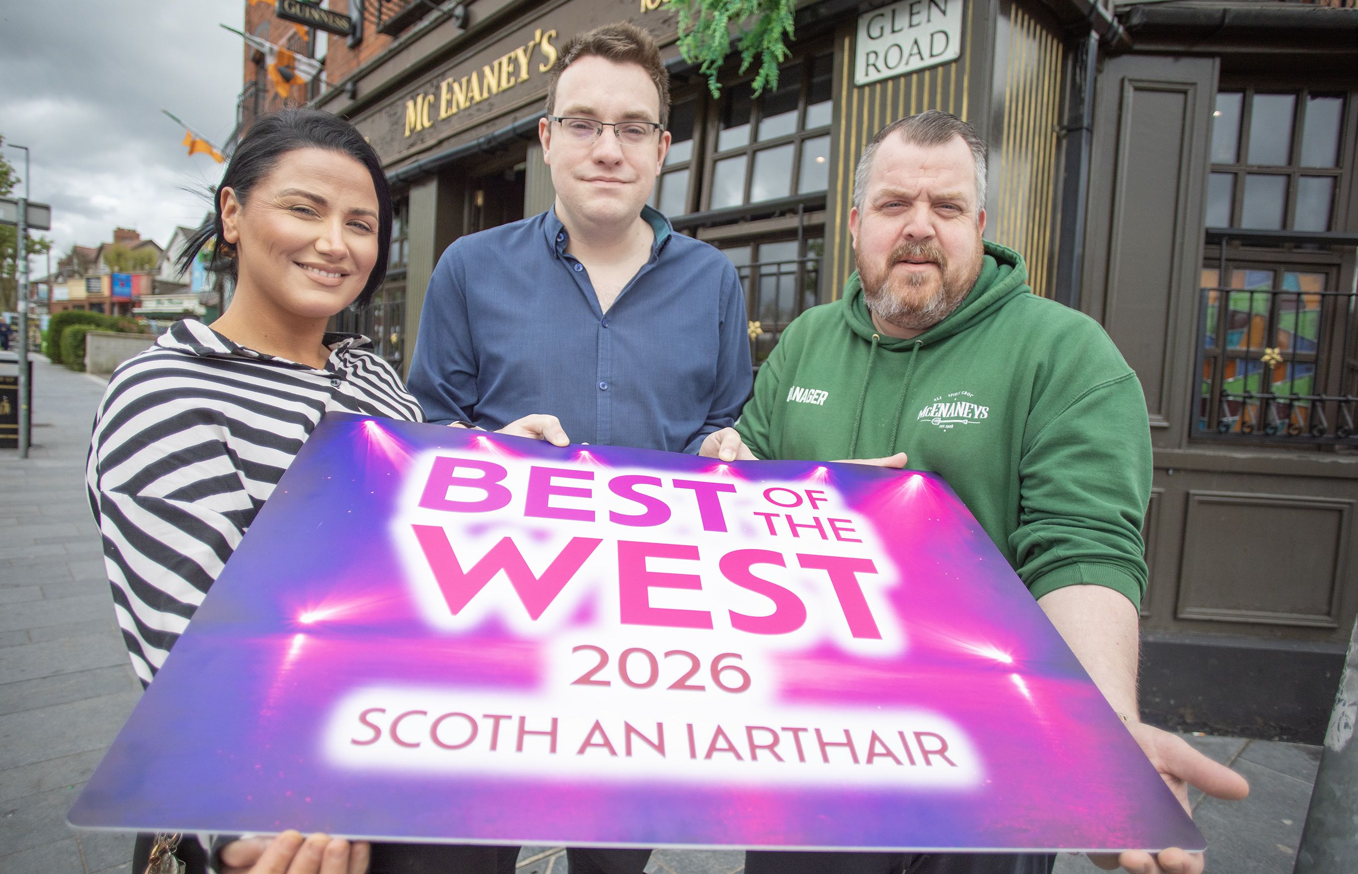 BEST OF THE WEST: Grace McGarry and Sean Shivers from McEnaney\'s with Conor McParland from Andersonstown News