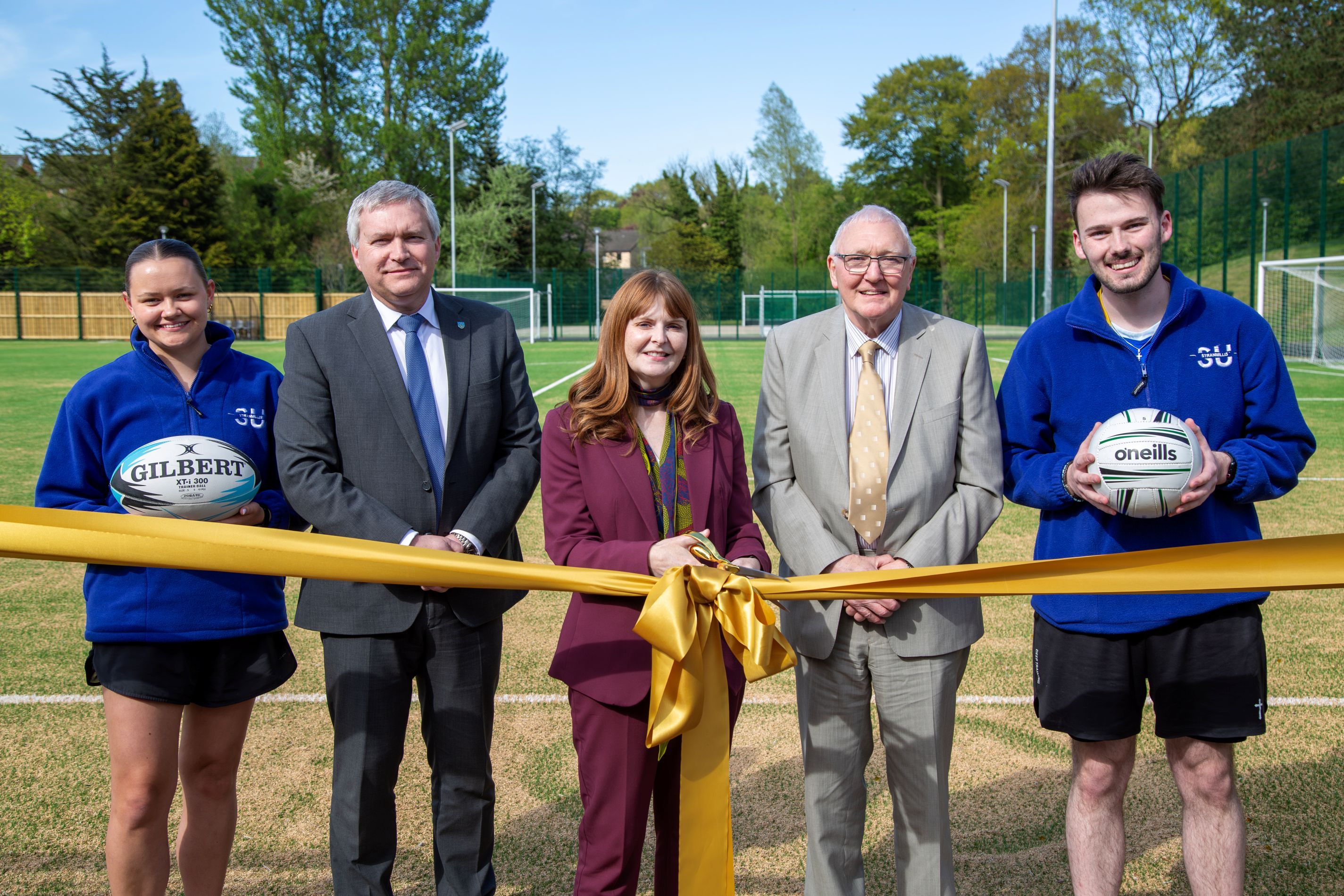 Jessica Martin (Stranmillis UC Student Union President), Principal Professor Jonathan Heggarty, Economy Minister Dr Caoimhe Archibald, Edgar Jardine (Chair of the Governing Body) and incoming Student Union President Josh Nicholl