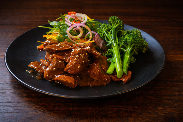 PLATING UP: Beef teriyaki with tender stem broccoli and mixed salad