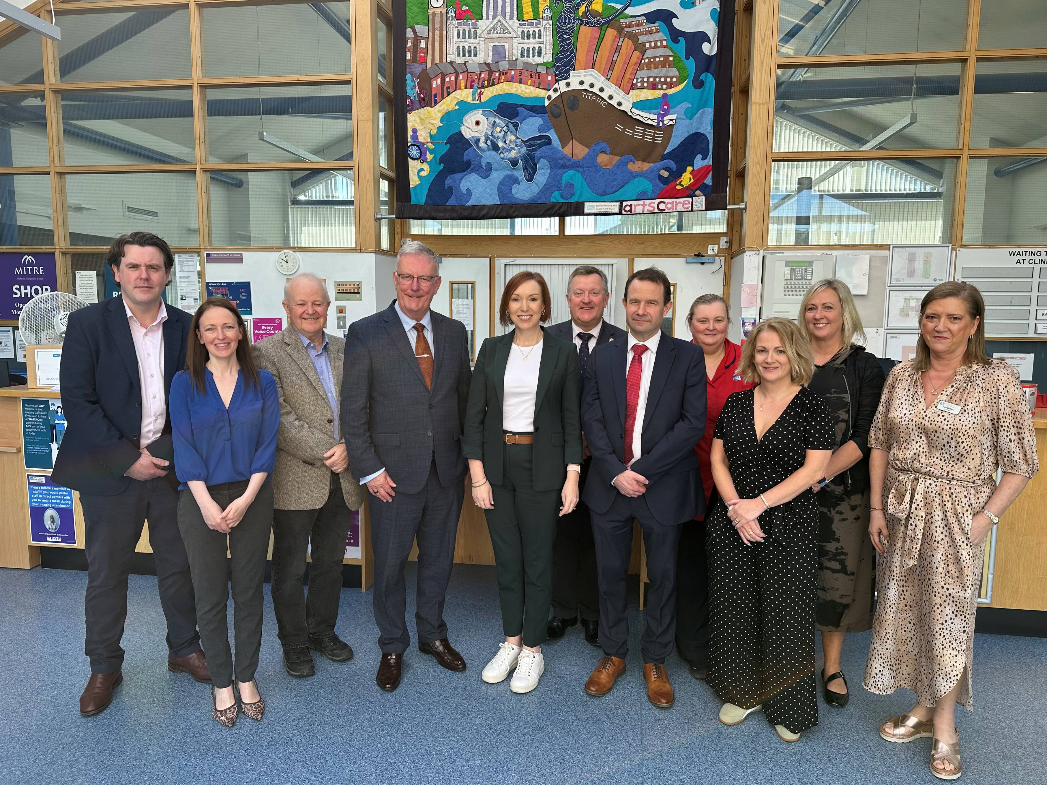 WAITING LISTS: Health Minister Mike Nesbitt and Jennifer Welsh, Chief Executive of the Belfast Trust, with the multidisciplinary team hosting a spinal Mega Clinic for over 120 patients at Musgrave Park Hospital