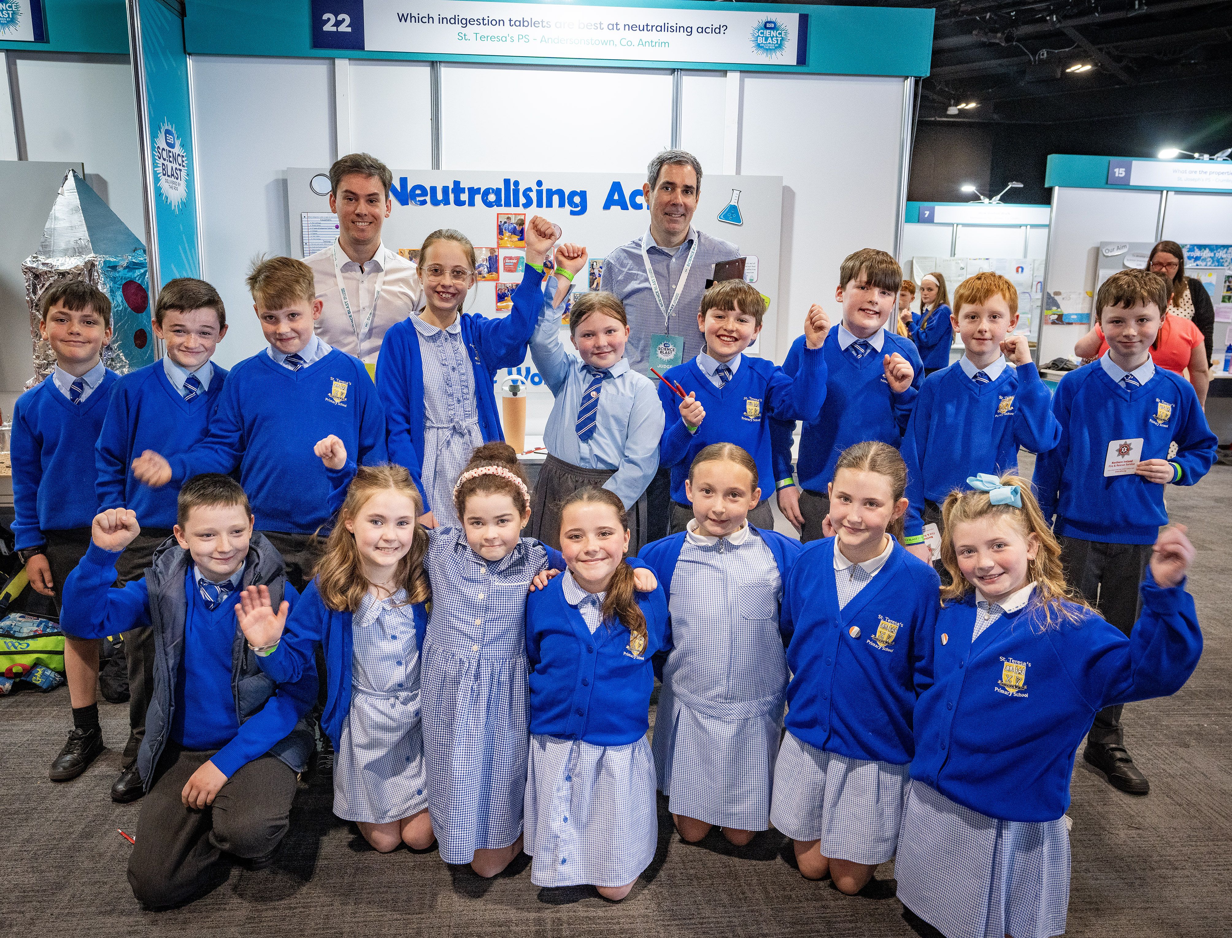 BLAST OFF: St Teresa’s P6 class with their teacher Mr Connor Irvine (back left) and ESB Science Blast judge John Wallace from ESB