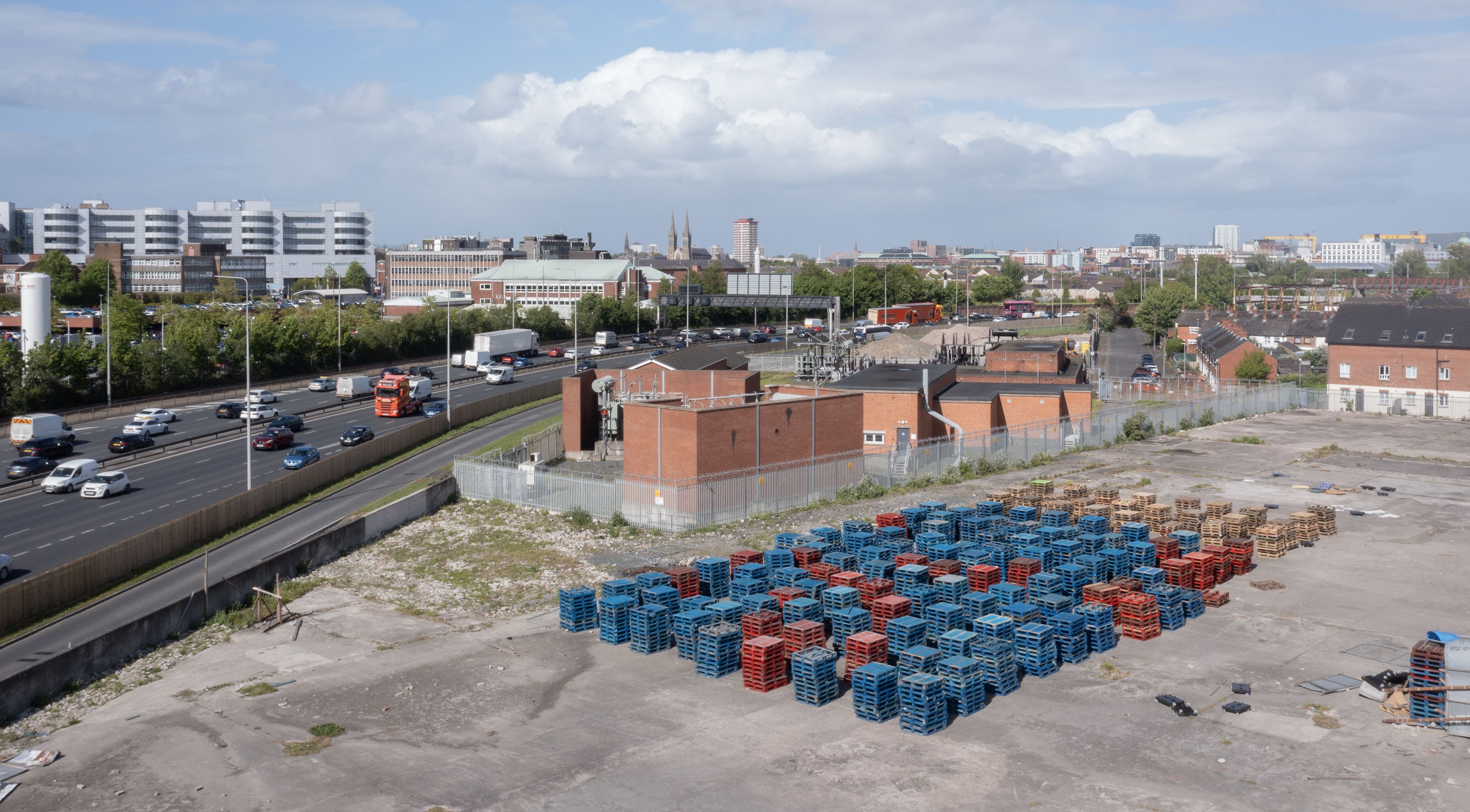 BIGGER THAN LAST YEAR: Pallets are being stored at the site in between the Royal Victoria Hospital and the City Hospital. The RVH is in the background