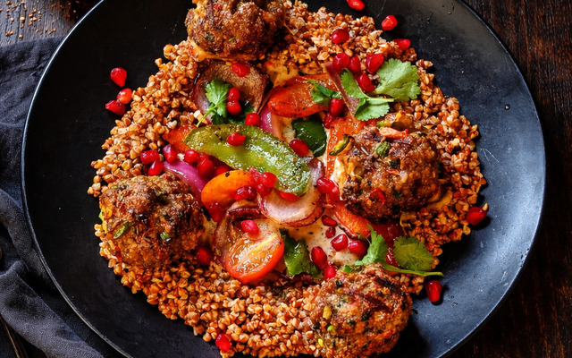PLATING UP: Lamb meatballs with roasted peppers and creamy sauce