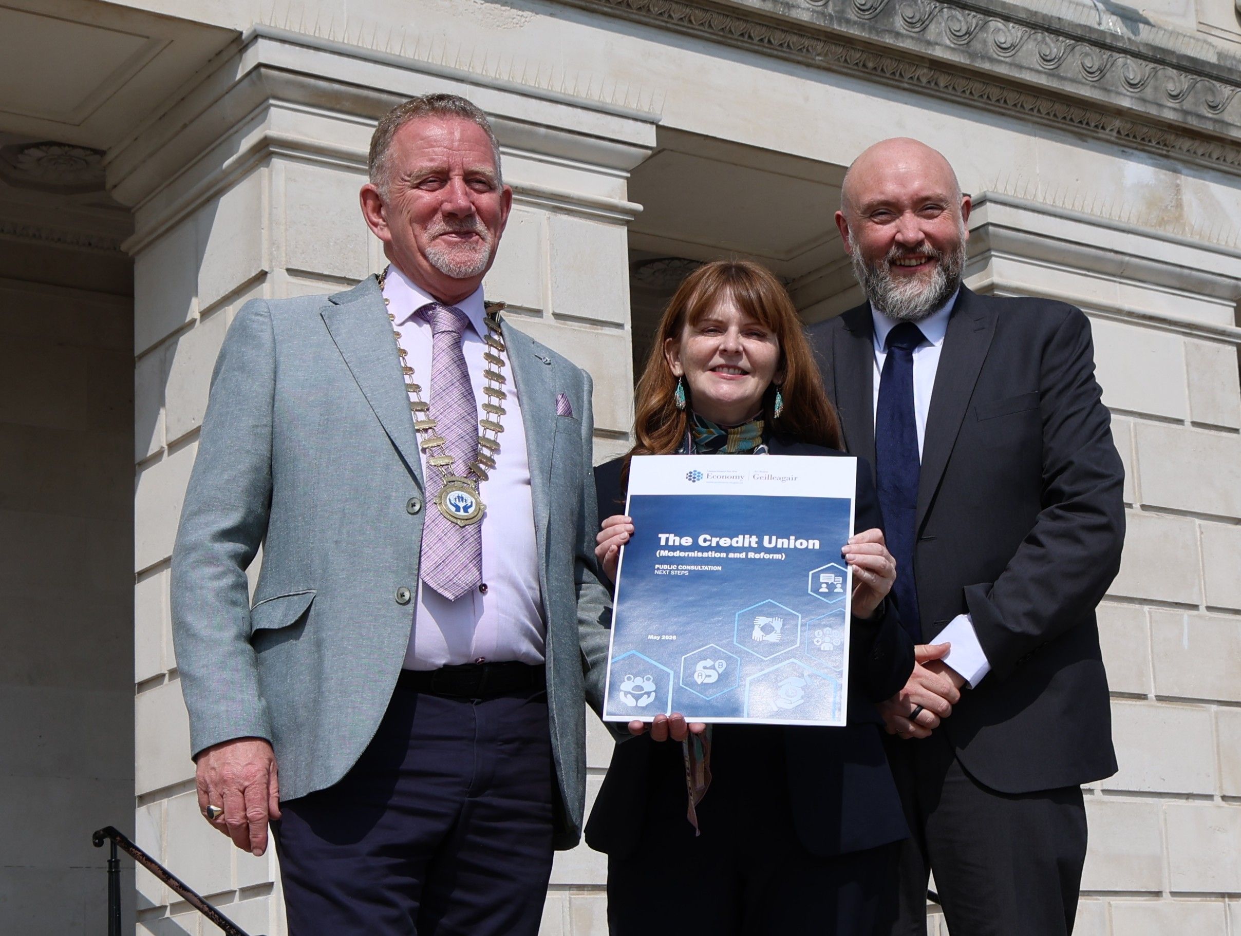 GOING FORWARD: Economy Minister Dr Caoimhe Archibald with Brendan Jenkins ILCU President and Martin Fisher, Head of NI ILCU