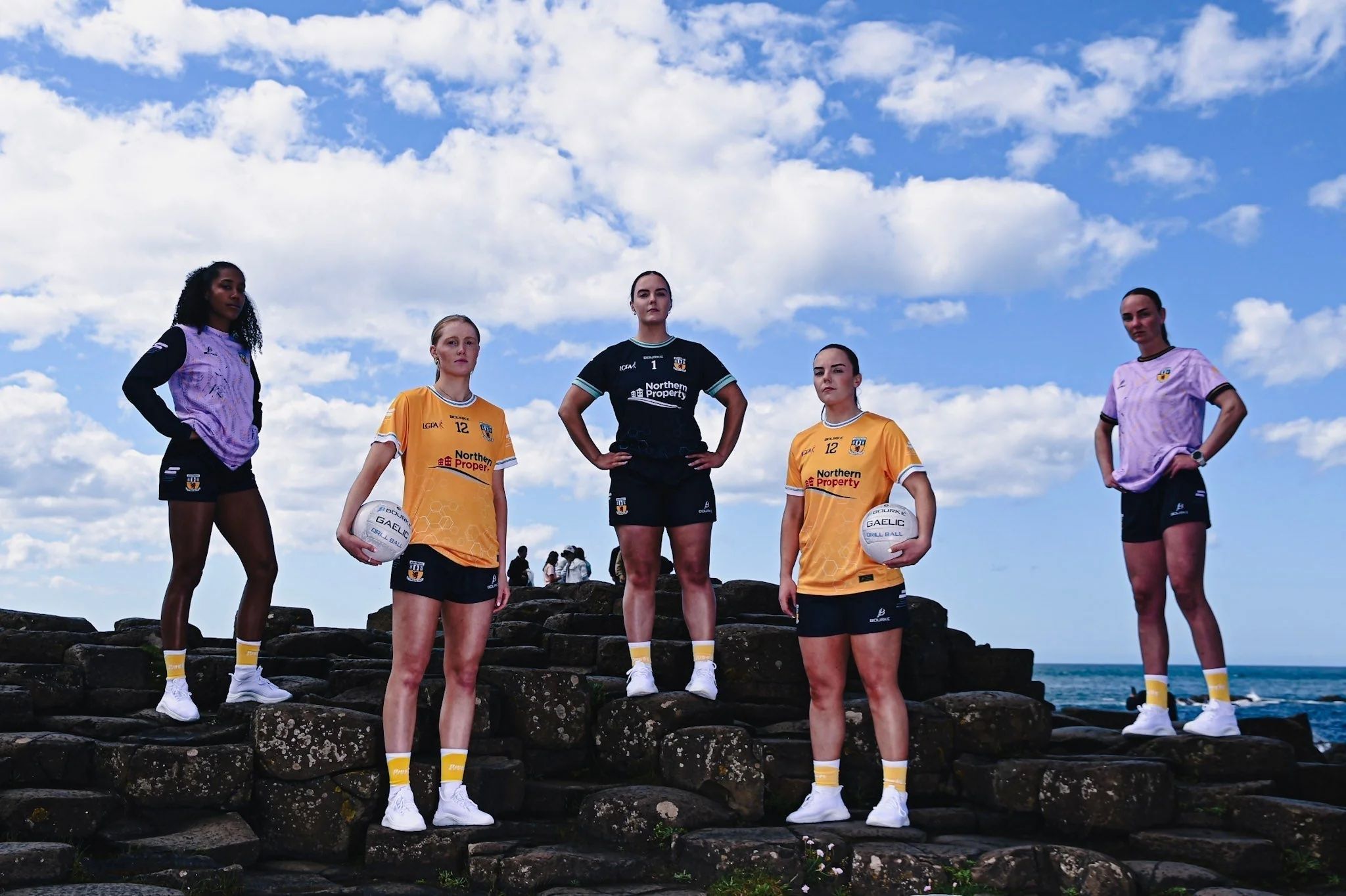 ON THE SHOULDERS OF GIANTS: Antrim\'s Senior LGFA squad in their newly sponsored jerseys atop the Giant\'s Causeway