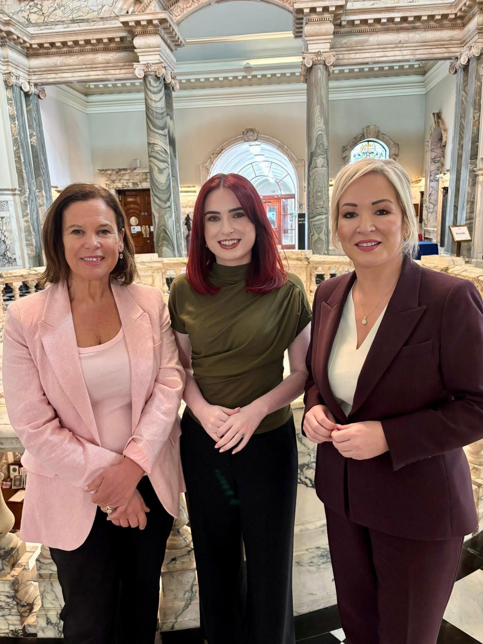 TOGETHER: Mary Lou McDonald and Michelle O’Neill with Belfast’s new Lord Mayor Rois-Máire Donnelly
