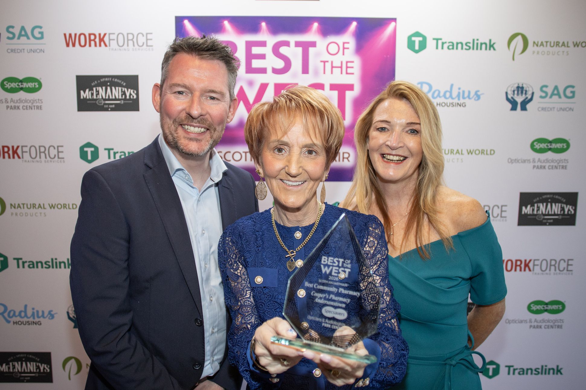 BEST COMMUNITY PHARMACY: Rosemary Kelly and Sinead Copeland from Cooper's Pharmacy Andersonstown with Matthew McKenny from sponsors Specsavers Park Centre