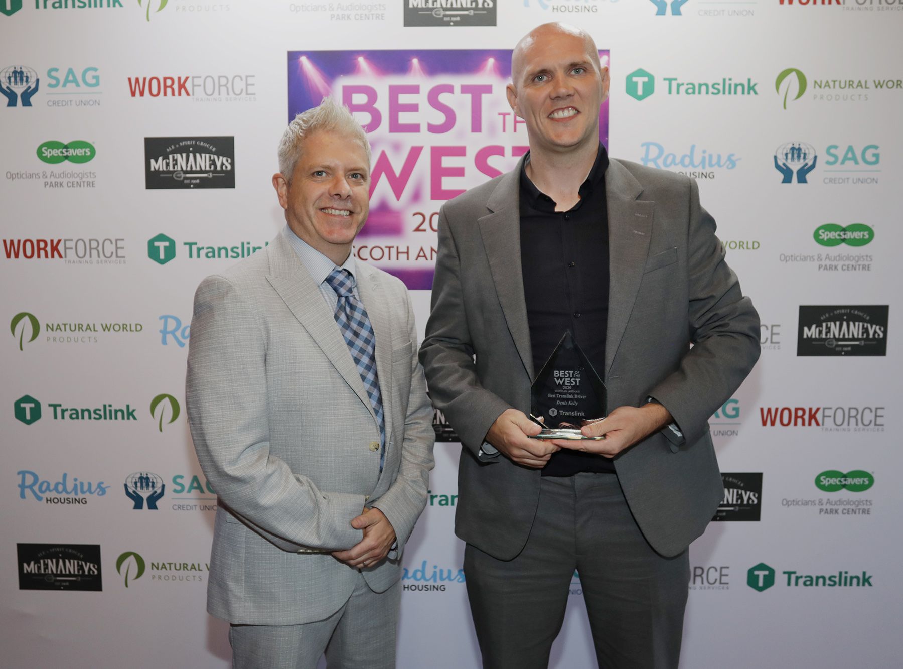 BEST TRANSLINK DRIVER: Denis Kelly with Pete Marshall from sponsors Translink