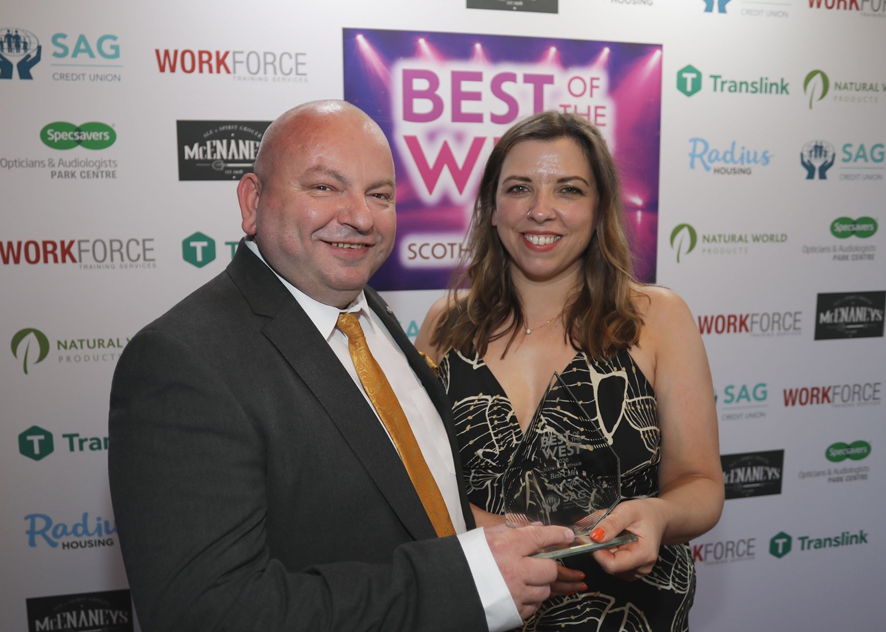 BEST CAFE: Holly Martin from Flax Coffee with Damien Broderick from sponsors SAG Credit Union