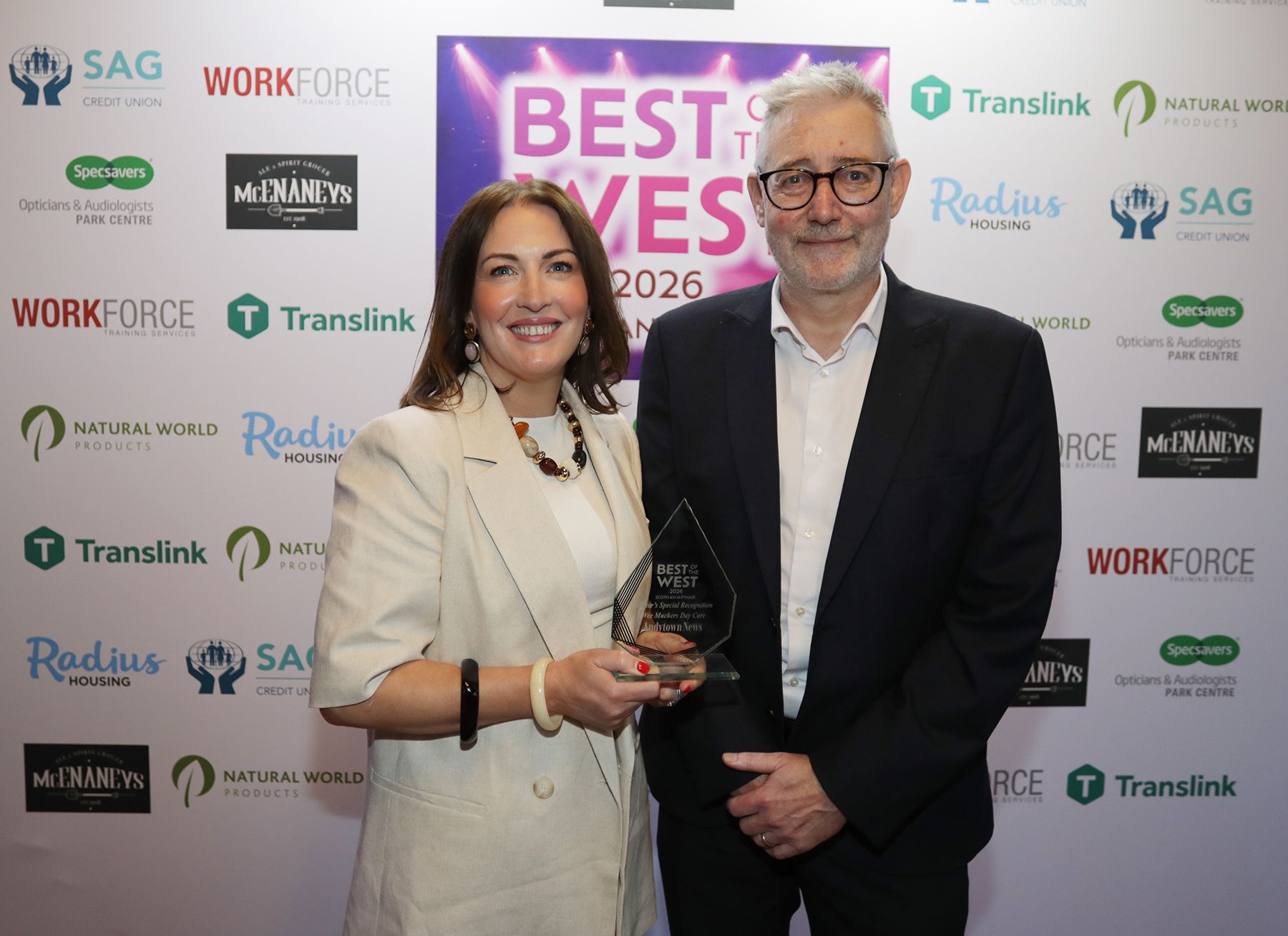 BEST CHILDREN'S DAY CARE CENTRE: Ciara Maguire from joint winners Wee Muckers with Greer Wilson from sponsors Radius Housing