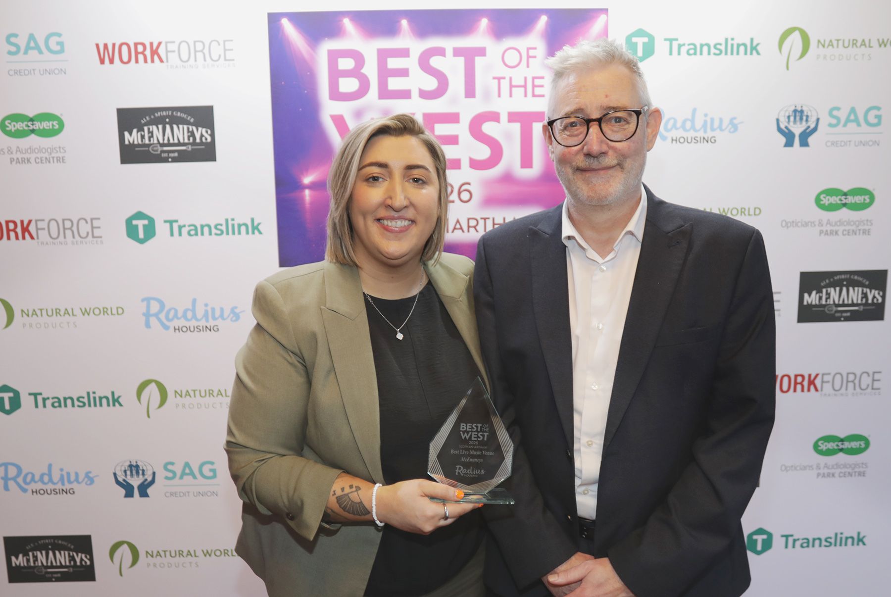 BEST LIVE MUSIC VENUE: Aisling Massey from McEnaney's with Greer Wilson from sponsors Radius Housing