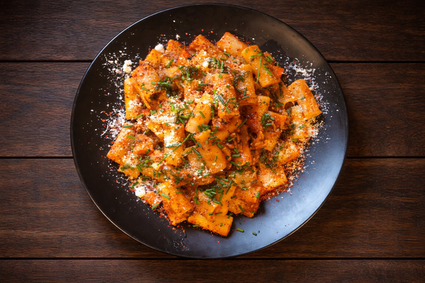 PLATING UP: Pulled beef brisket with tomato sauce and rigatoni