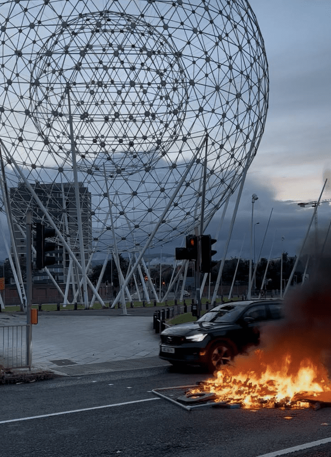 UNREST: The Westlink was blocked at Broadway by a number of fires