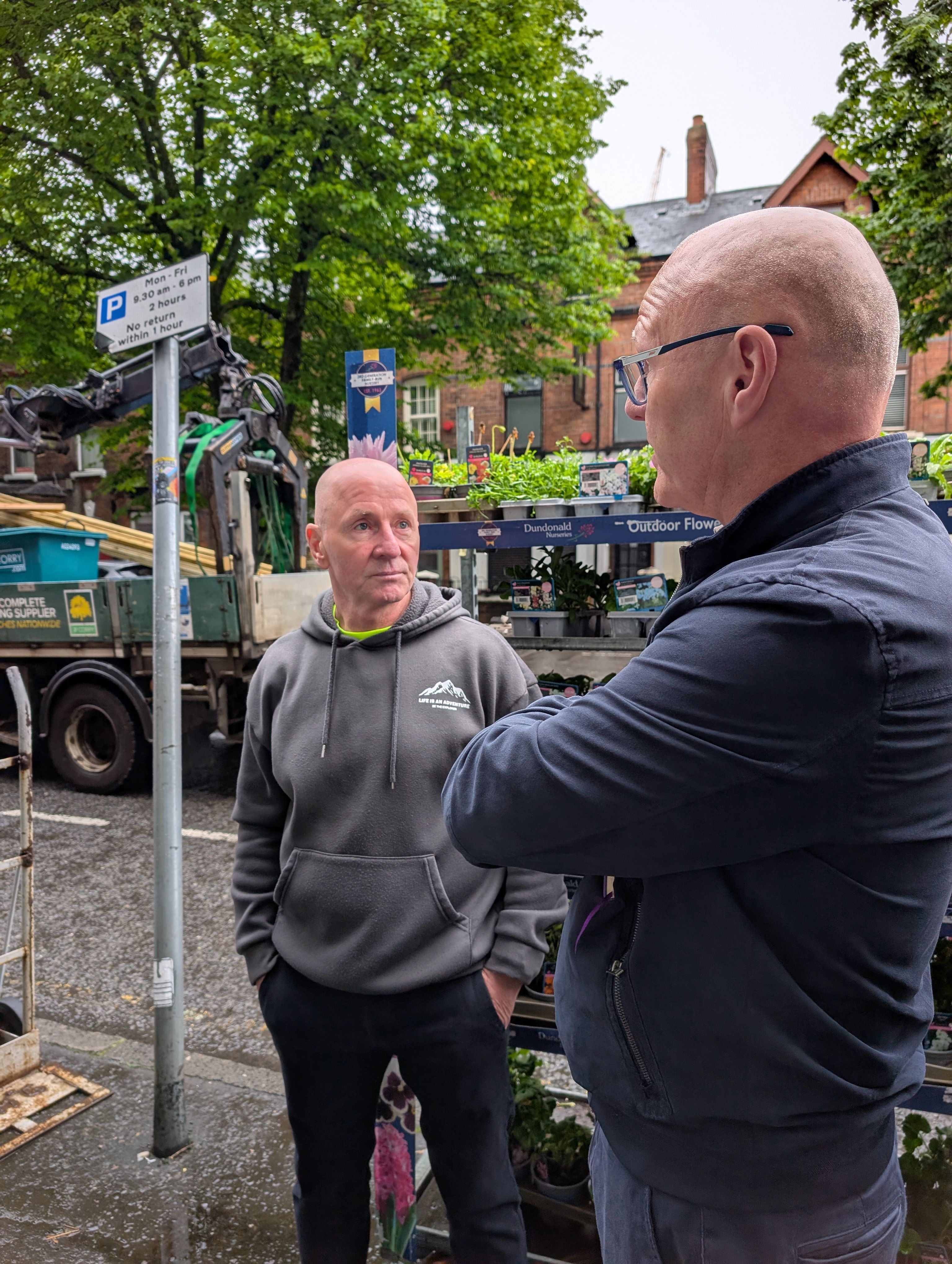 MEETING: West Belfast MP Paul Maskey speaking with Paul Donnelly, owner of Donnelly\'s on the Springfield Road