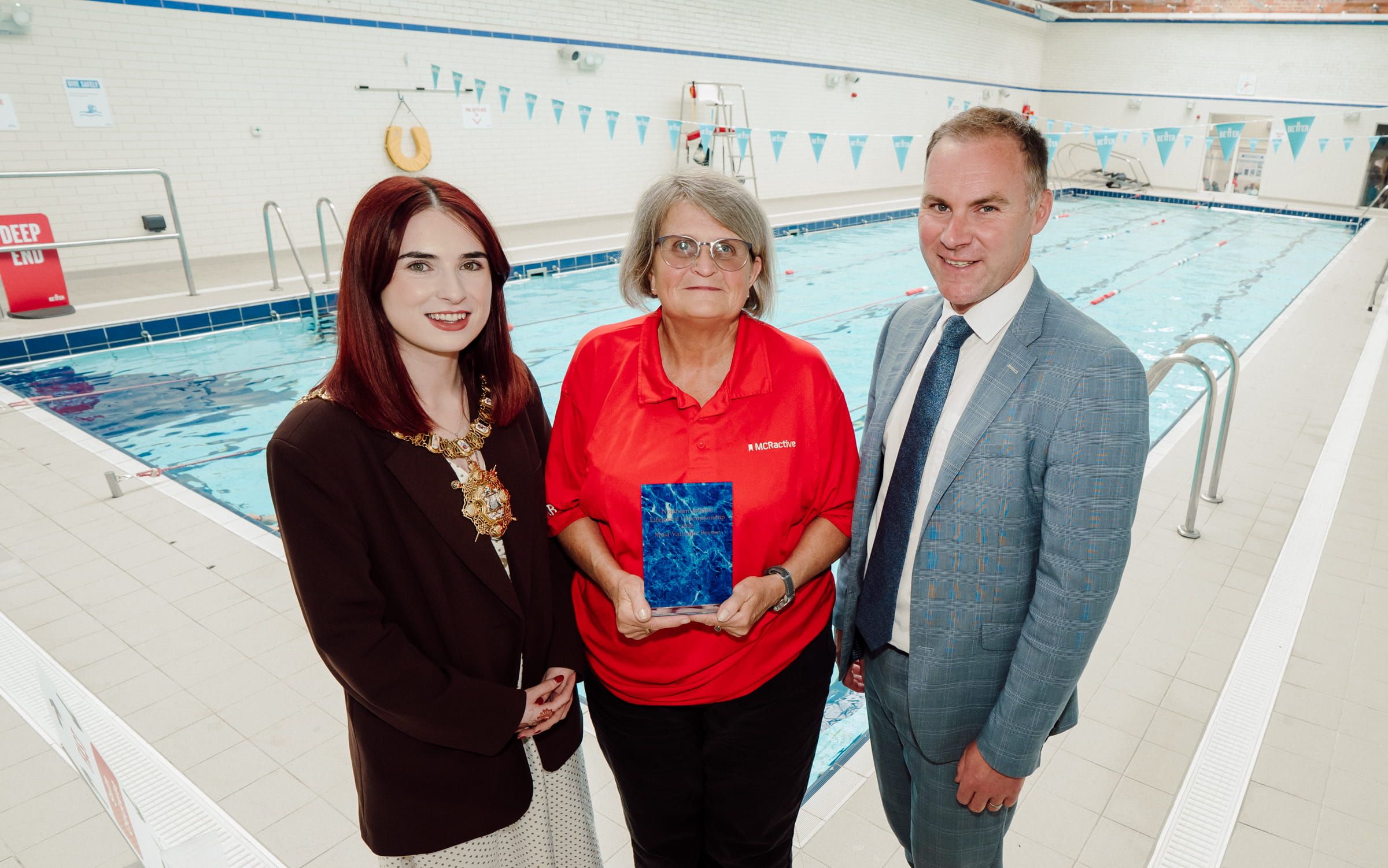 SKILLS: Lord Mayor of Belfast, Cllr Róis-Máire Donnelly; External MVP Winner, Jacquie Fagan (Manchester); and Gareth Kirk