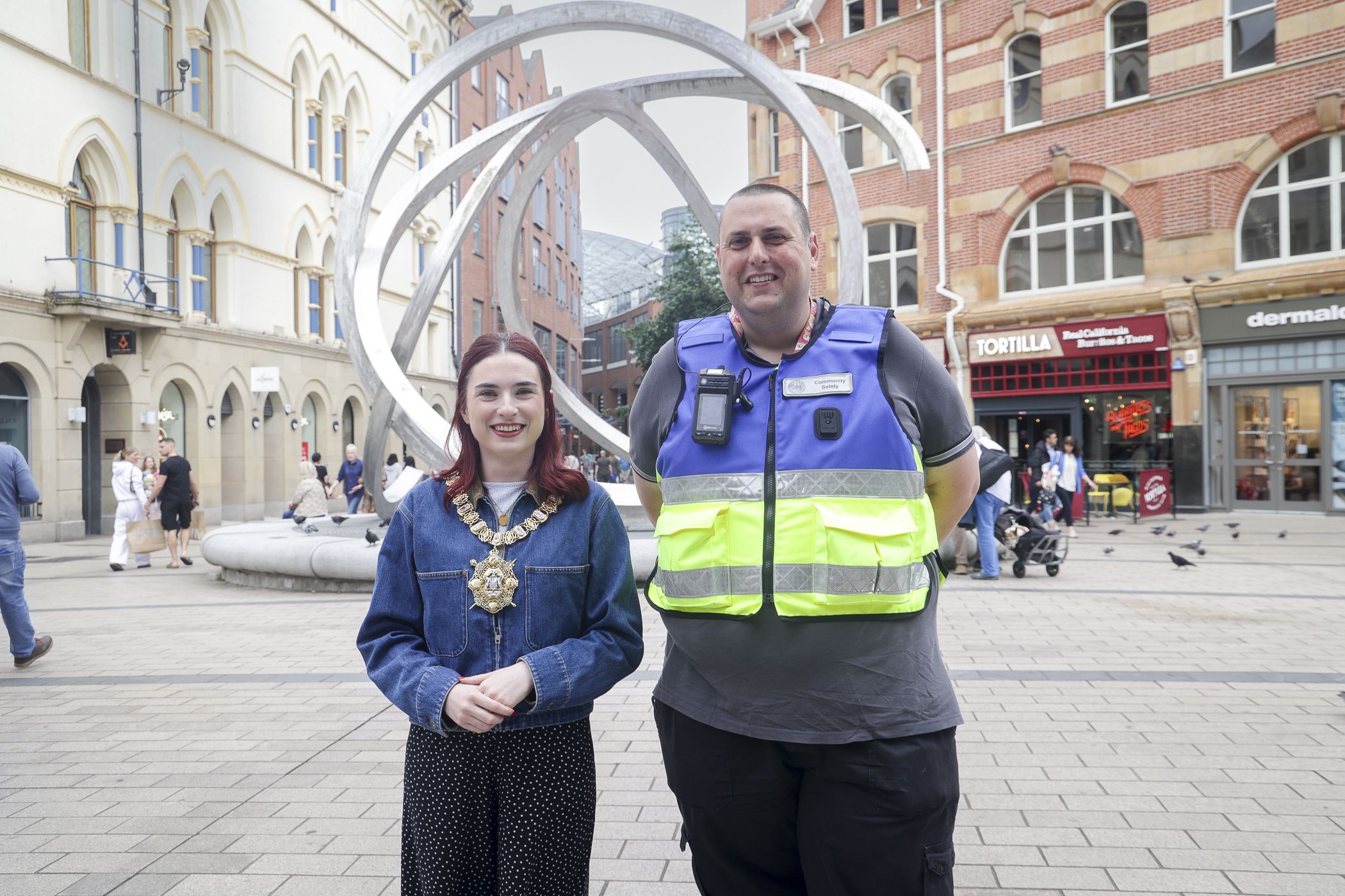 Lord Mayor of Belfast, Councillor Róis-Máire Donnelly, joins Paul Quinn, Safer Neighbourhood Officer with Belfast City Council, for a walk around Belfast city centre to hear more about the work of the council’s Safer Neighbourhood team