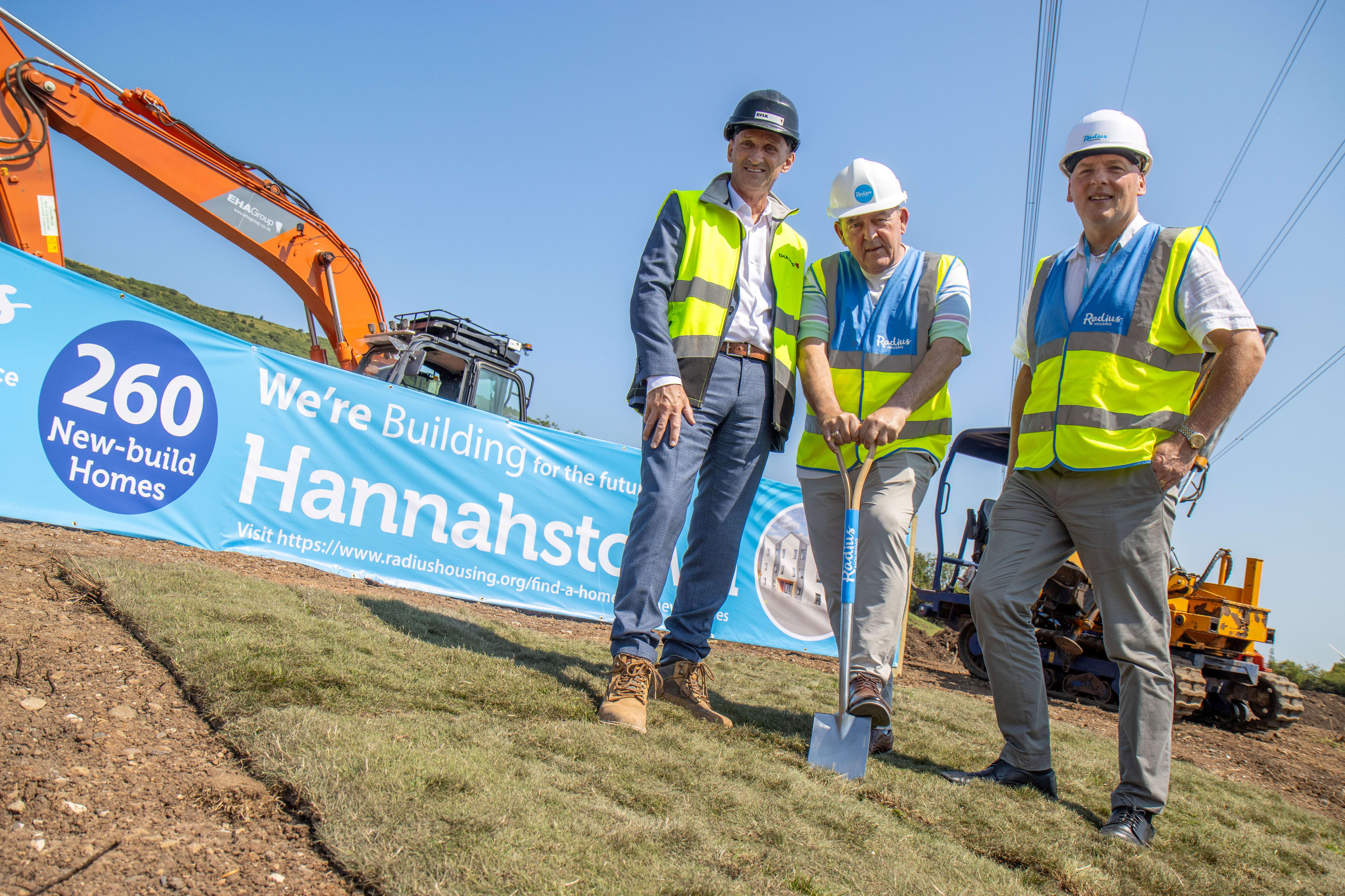BREAKING GROUND: Edward Allingham (EHA Group, appointed contractor), Sinn Fein Councillor Arder Carson, and John McLean (CEO, Radius Housing)