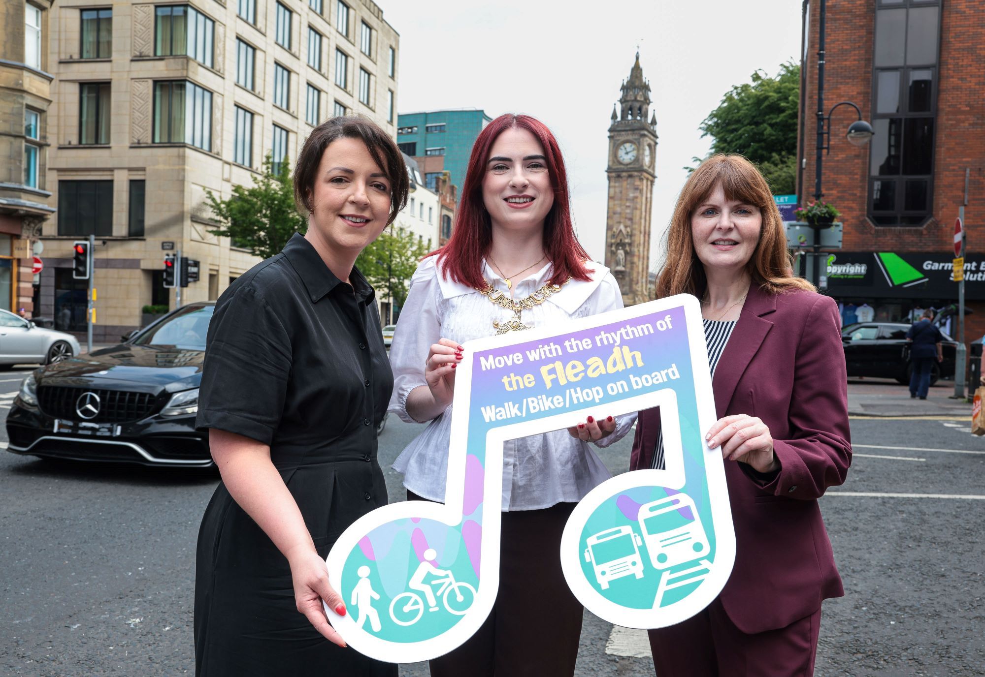 ENJOY: Infrastructure Minister Liz Kimmins, Lord Mayor of Belfast, Councillor Róis-Máire Donnelly, and Economy Minister Dr Caoimhe Archibald encourage those travelling to Fleadh Cheoil na hÉireann to walk, cycle, use public transport 