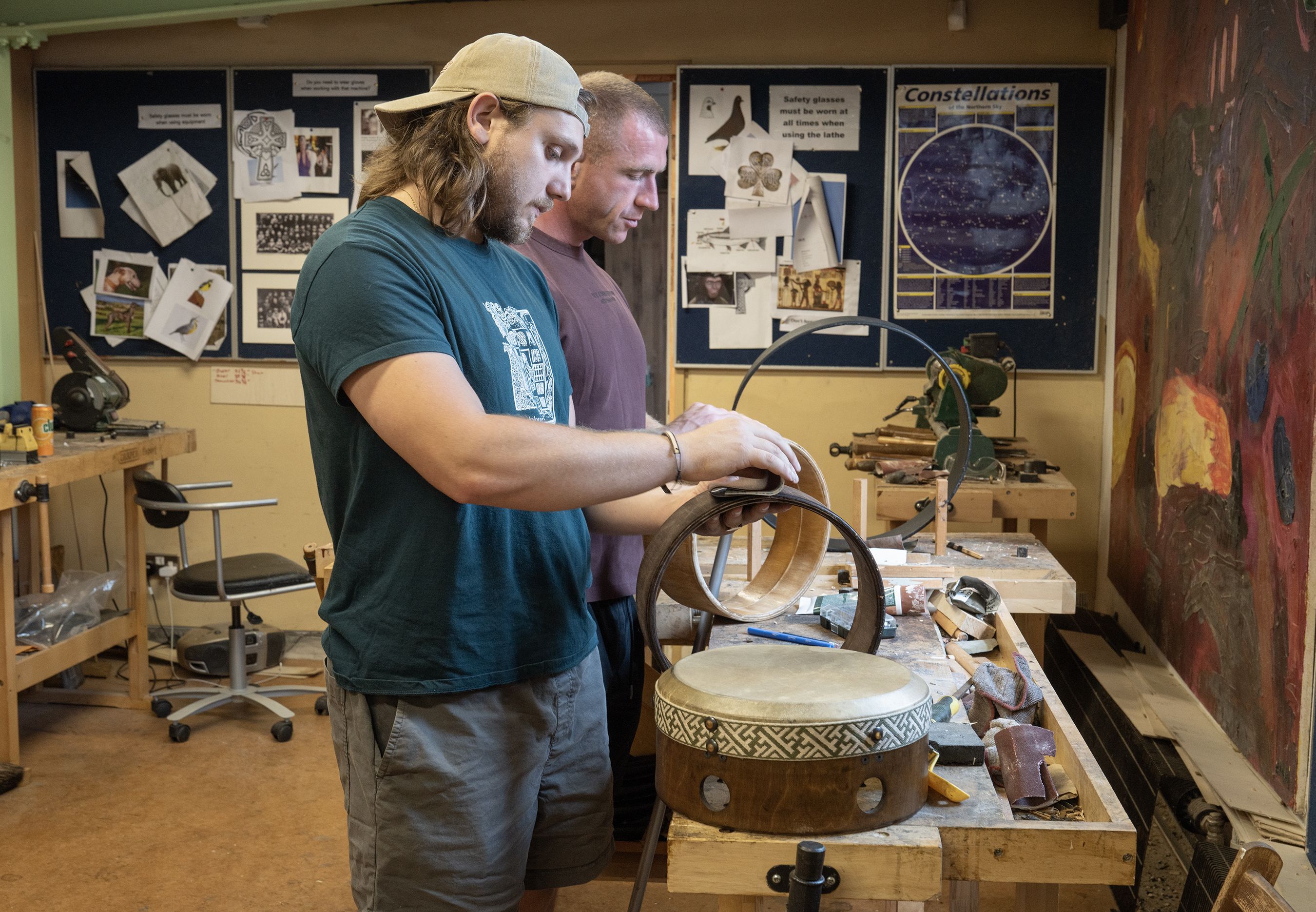 SKILL: Cormac and Darragh are busy making bodhrán\'s ahead of the Fleadh which starts in August