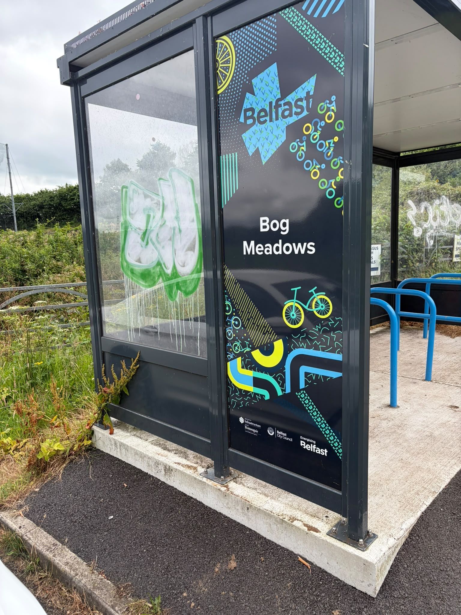 NOT AGAIN: English-only signage on the bike stand in the Bog Meadows which is located in the city\'s Gaeltacht Quarter