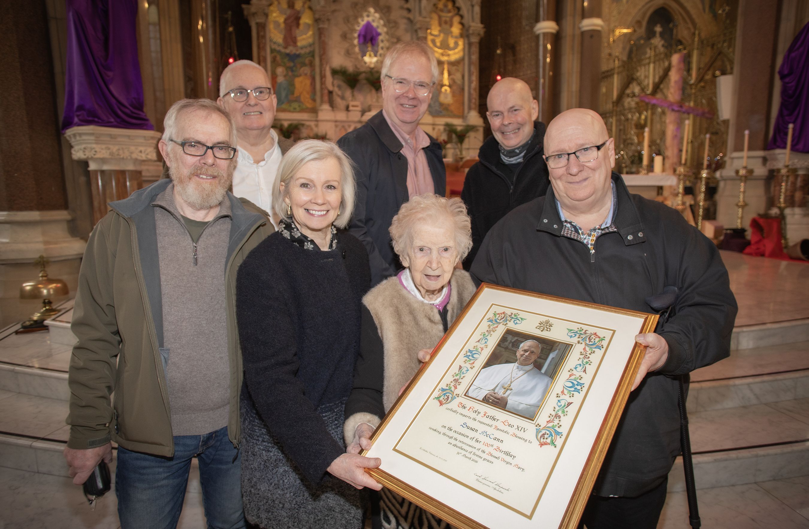 CENTENARY: Una McCann with her children Tony, Dermot, Bronagh, Ciaran, Fergal and Paul at Clonard Monastery in March celebrating her 100th birthday