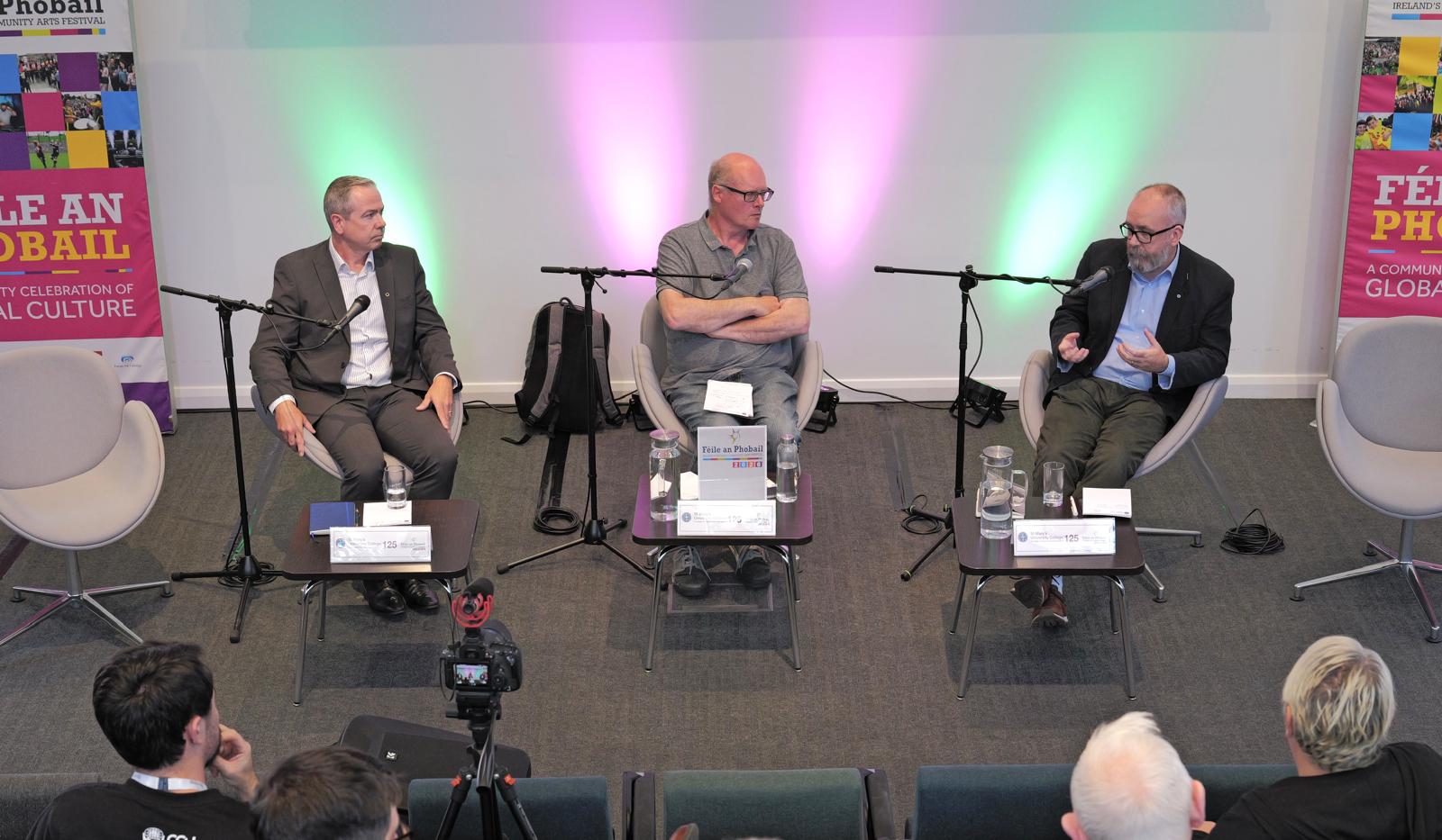 FRUSTRACHAS: Pól Deeds, left, with Ulster Scots Commissioner Lee Reynolds, right, and chair Robbie McVeigh