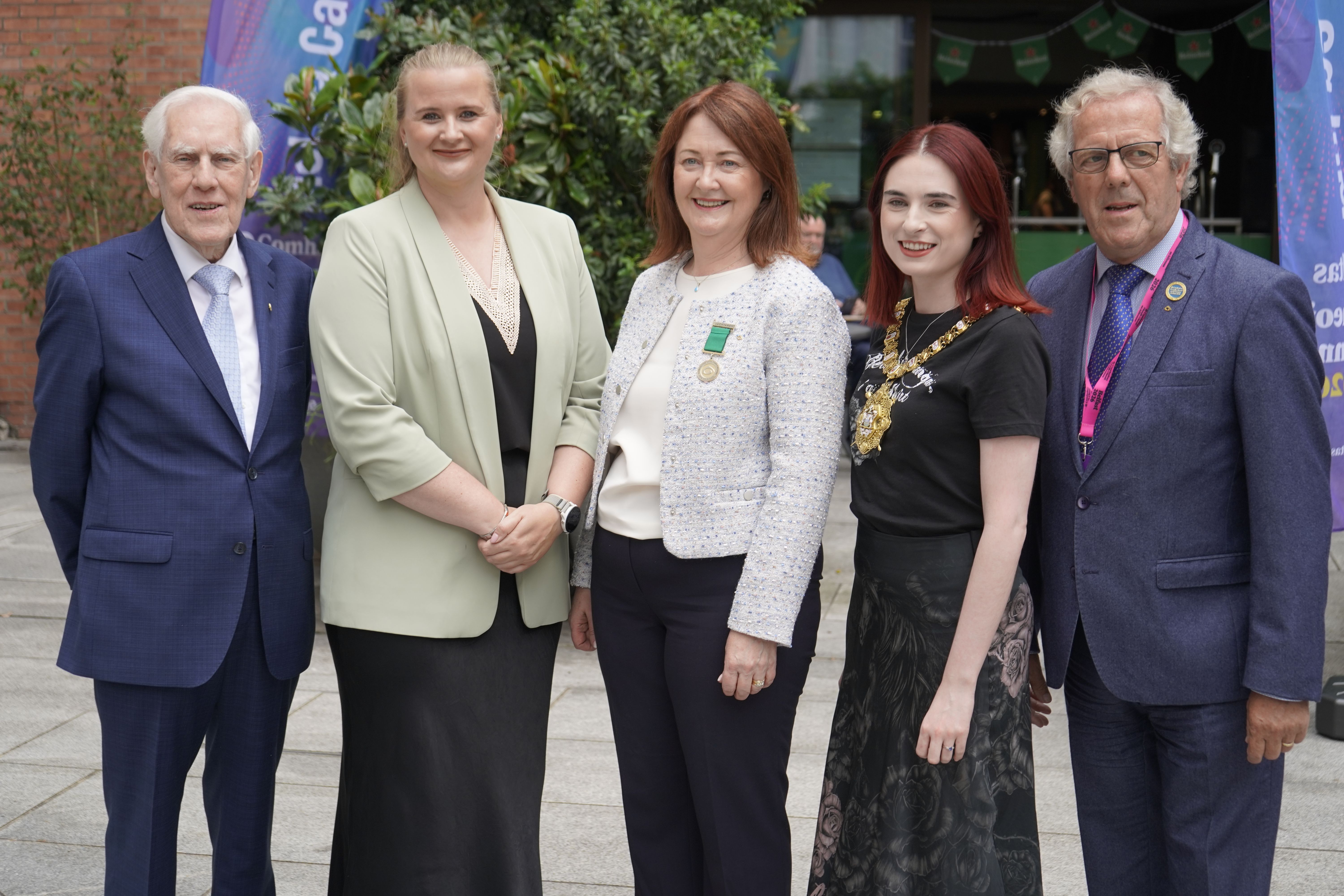 BREÁ SÁSTA: From left, Labhrás Ó Murchú, Director-General of Comhaltas; Aisling Reilly MLA; Attracta Ní Bhrádaigh, President of Comhaltas; Róis-Máire Donnelly, Mayor of Belfast; Éamonn Ó hArgáin, Treasurer-General of Comhaltas