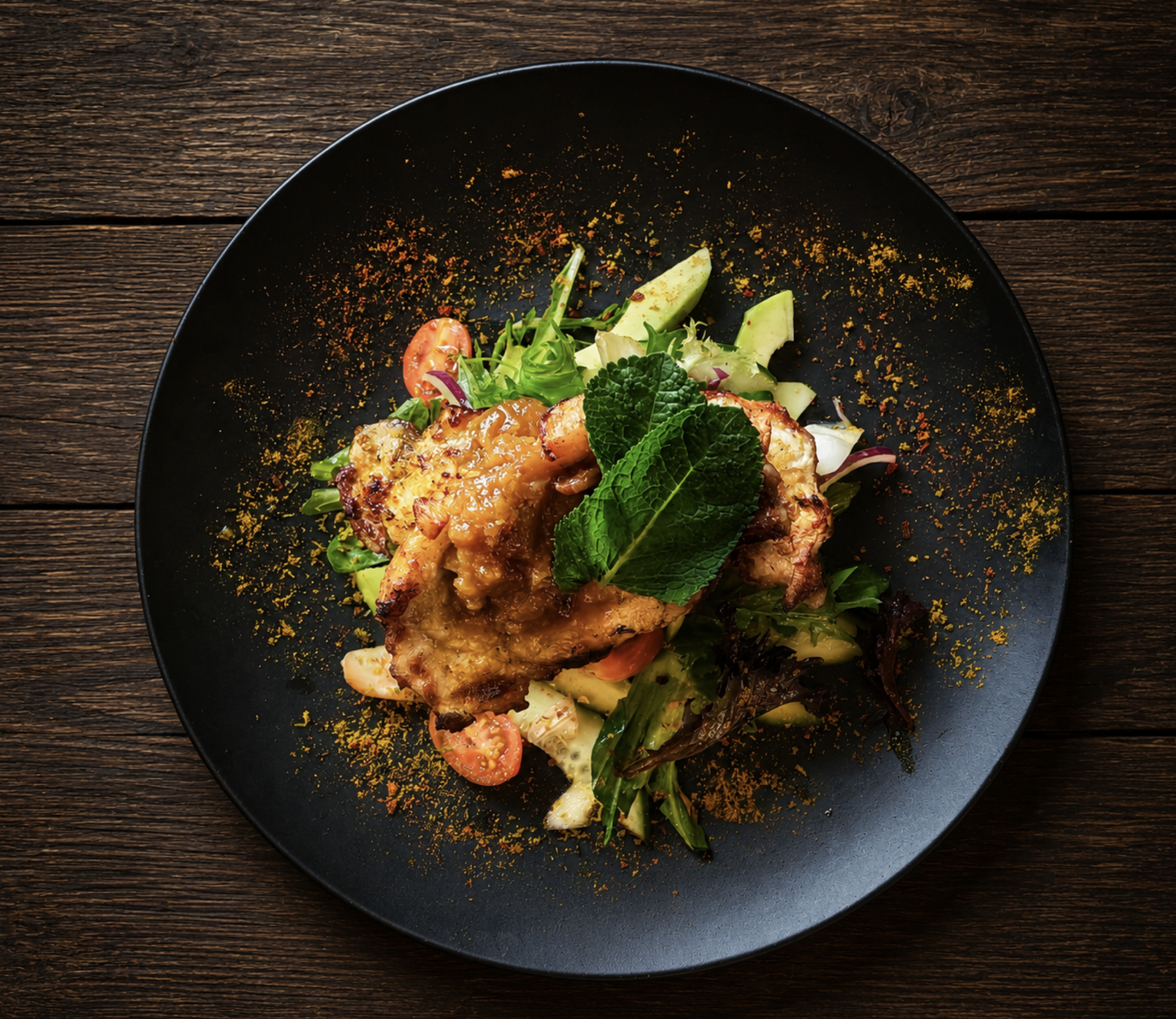 PLATING UP: Grilled pork chop with salad and apple chutney