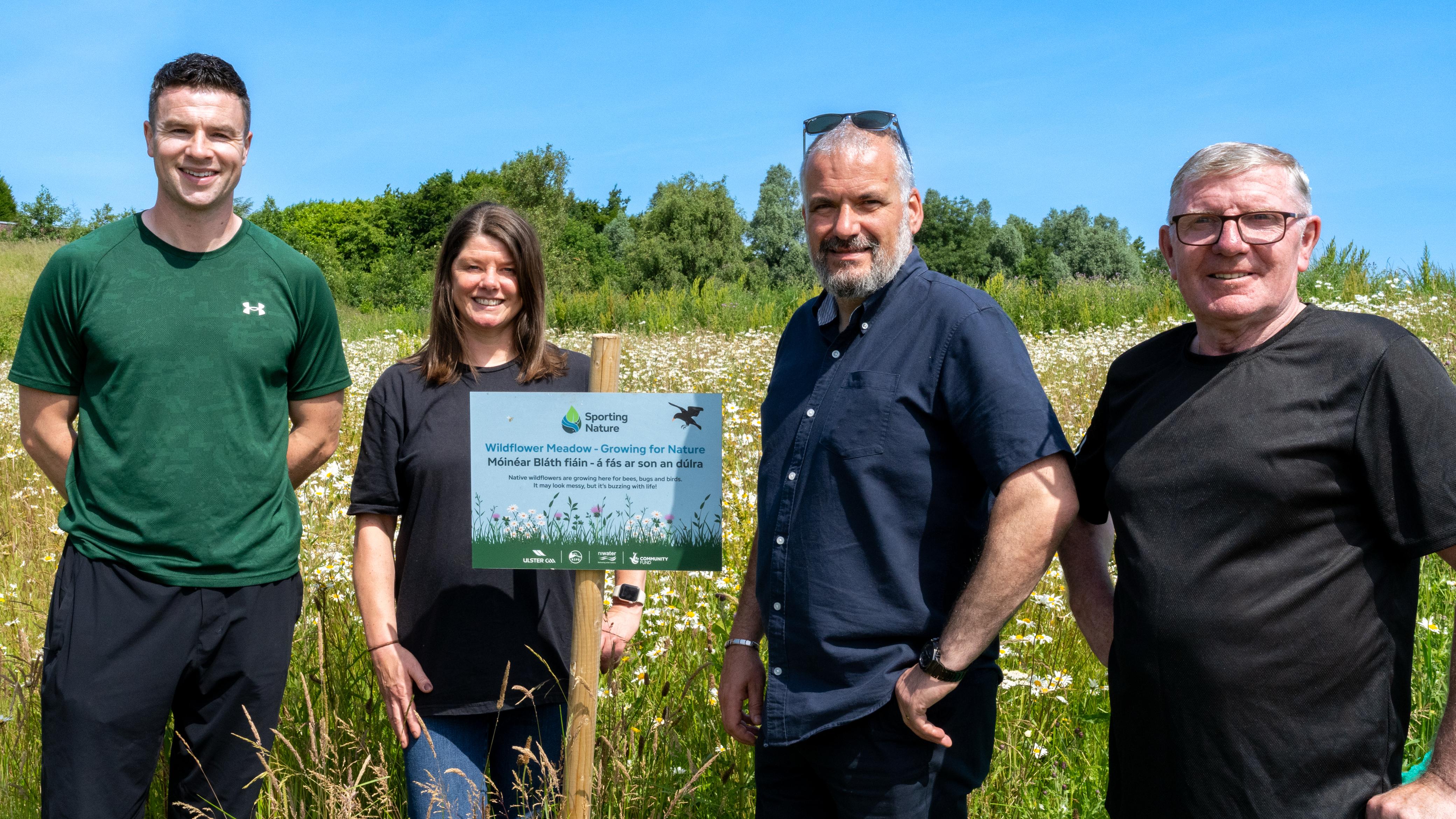 PARTNERSHIP: Teacher Mark Kelly, Sharon McMaster from Natural World Products, Michael Davitt GAC committee member Noel Gorman, and caretaker Lefty O\'Neill, are delighted with the donation of New Leaf Compost
