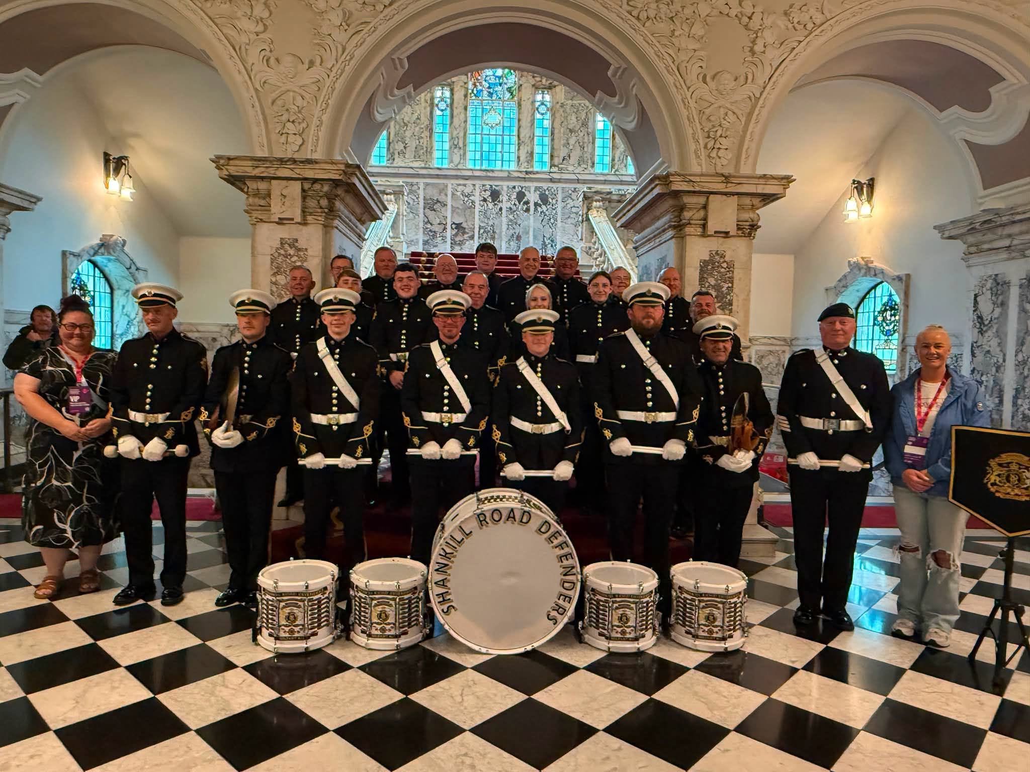 WARMLY RECEIVED: Shankill Road Defenders Flute Band at Belfast City Hall