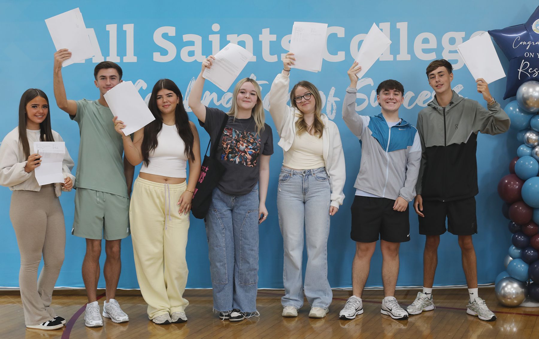 RESULTS IN THE AIR: Pupils at All Saints College celebrating their A Level results