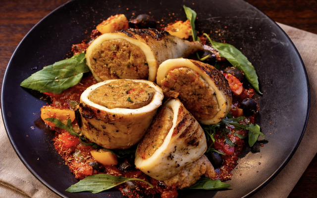 PLATING UP:  Stuffed calamari with tomato and red pepper stuffing
