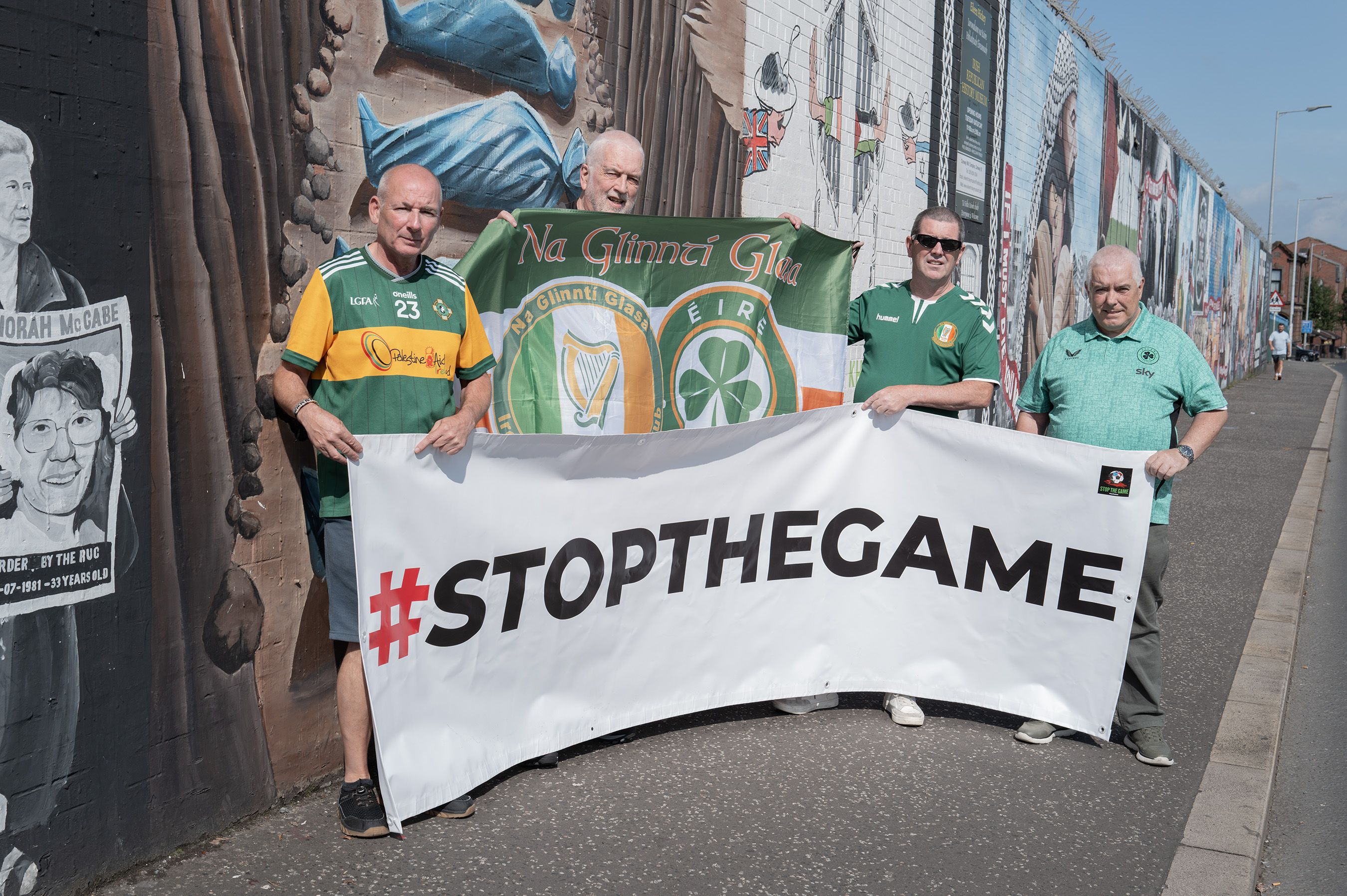 STOP THE GAME: Gerard King, Fra Torbitt and Brian McFall from Na Glinntí Glasa Ireland Supporters\' Club with Fra Hughes from Palestine Aid Ireland