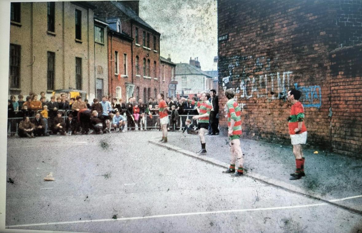 SAD LOSS: Paddy Elliott on right of photo in Dwyers colours during a handball match on Raglan Street. Maybe readers can name the other players.