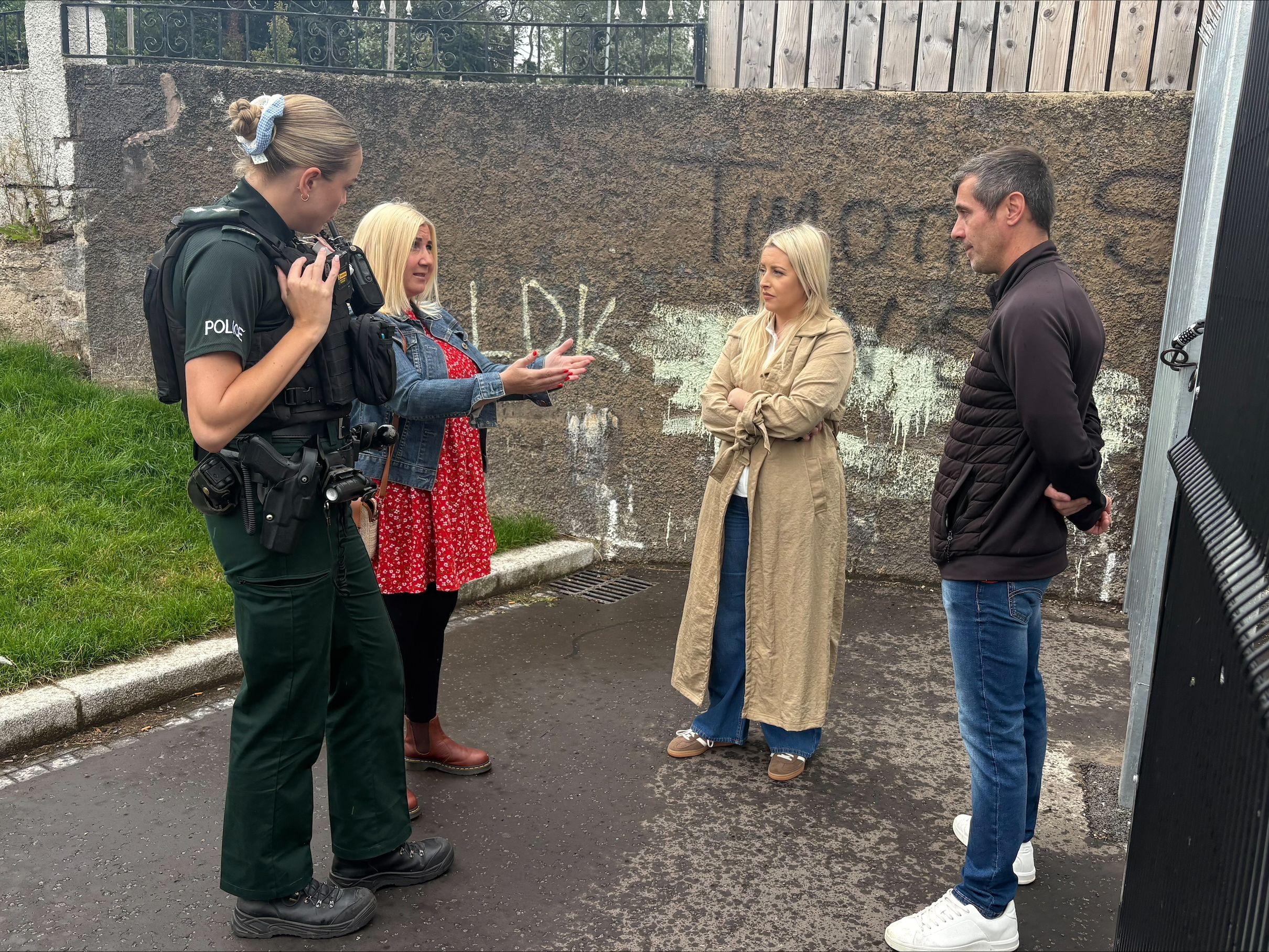 MEETING: Sinn Féin representatives Órlaithí Flynn MLA and Councillor Siobhán McCallin meet with the PSNI and Department for Communities officials