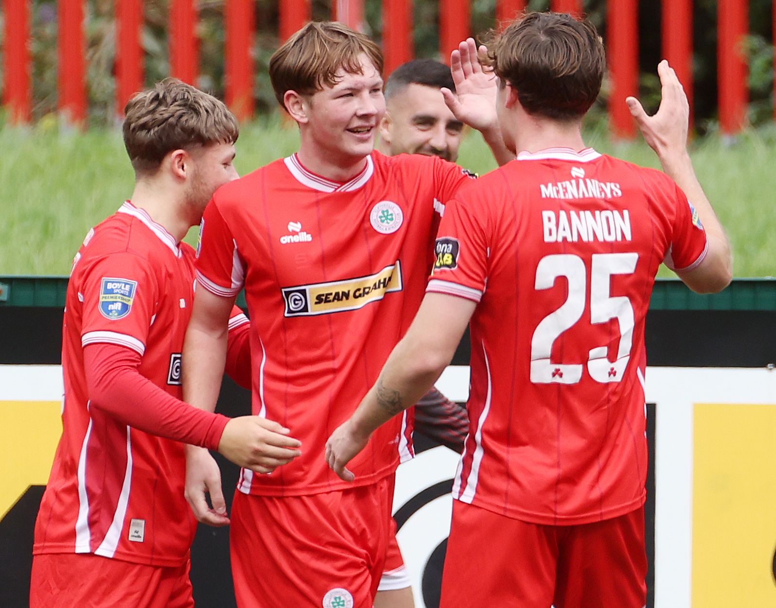 OPENER: Cliftonville’s Bernard Healy celebrates with teammates after scoring the Reds\' first goal of the match