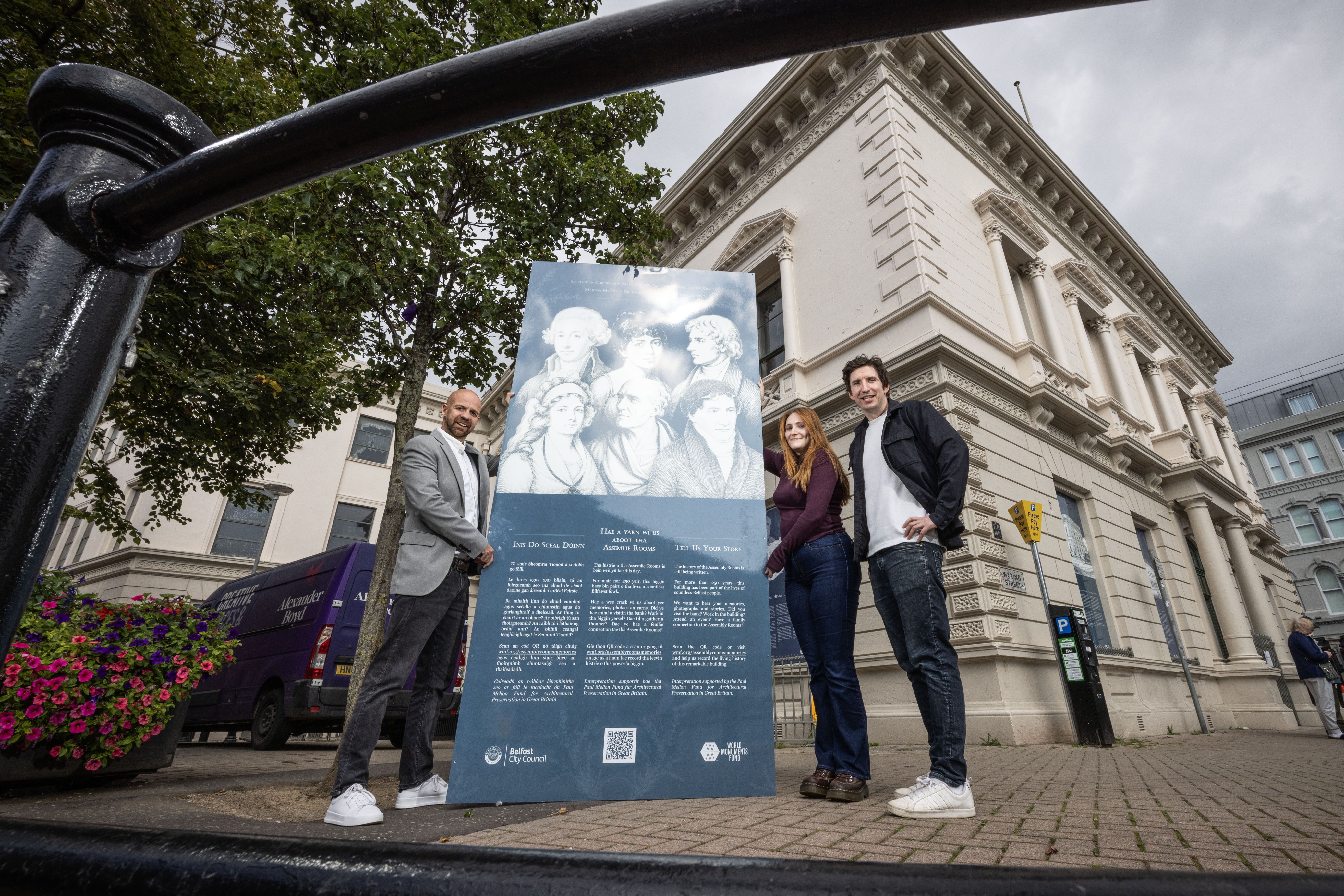 HISTORY: Councillor Joe Duffy, Chair of Belfast City Council’s City Growth and Regeneration Committee, Chloe Glass, Architectural Assistant and James Grieve, Architect, pictured with one of 29 new trilingual interpretative panels 