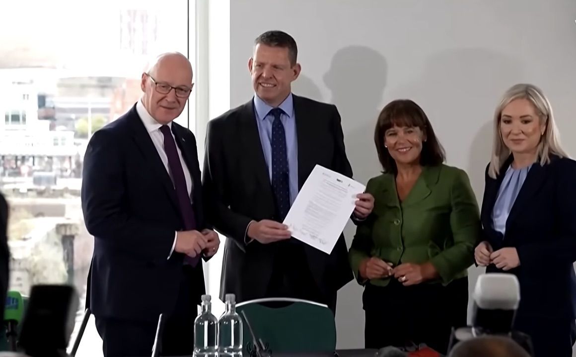 SIGNING: John Swinney, Rhun ap Iorwerth, Mary Lou McDonald and Michelle O\'Neill at the Cardiff meeting