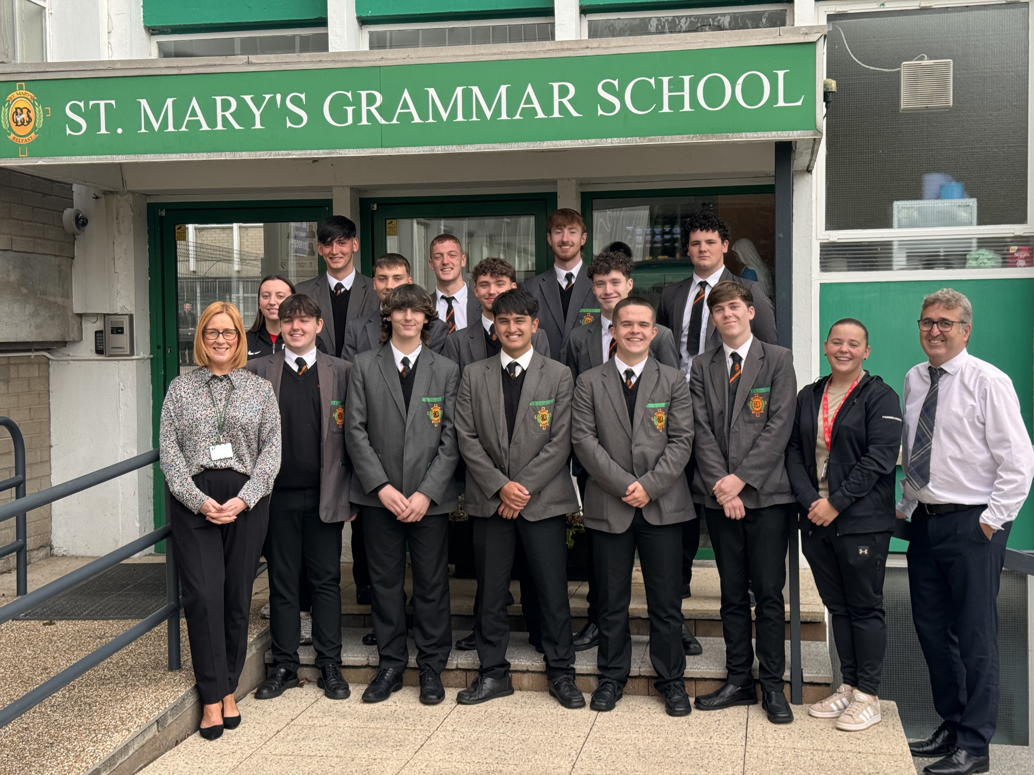 BELFAST TO BLANCO: St Mary\'s CBGS pupils with Vice Principal Amanda Barr, Sean Moyes, Donovan Evitt and Rebecca Paul from R City