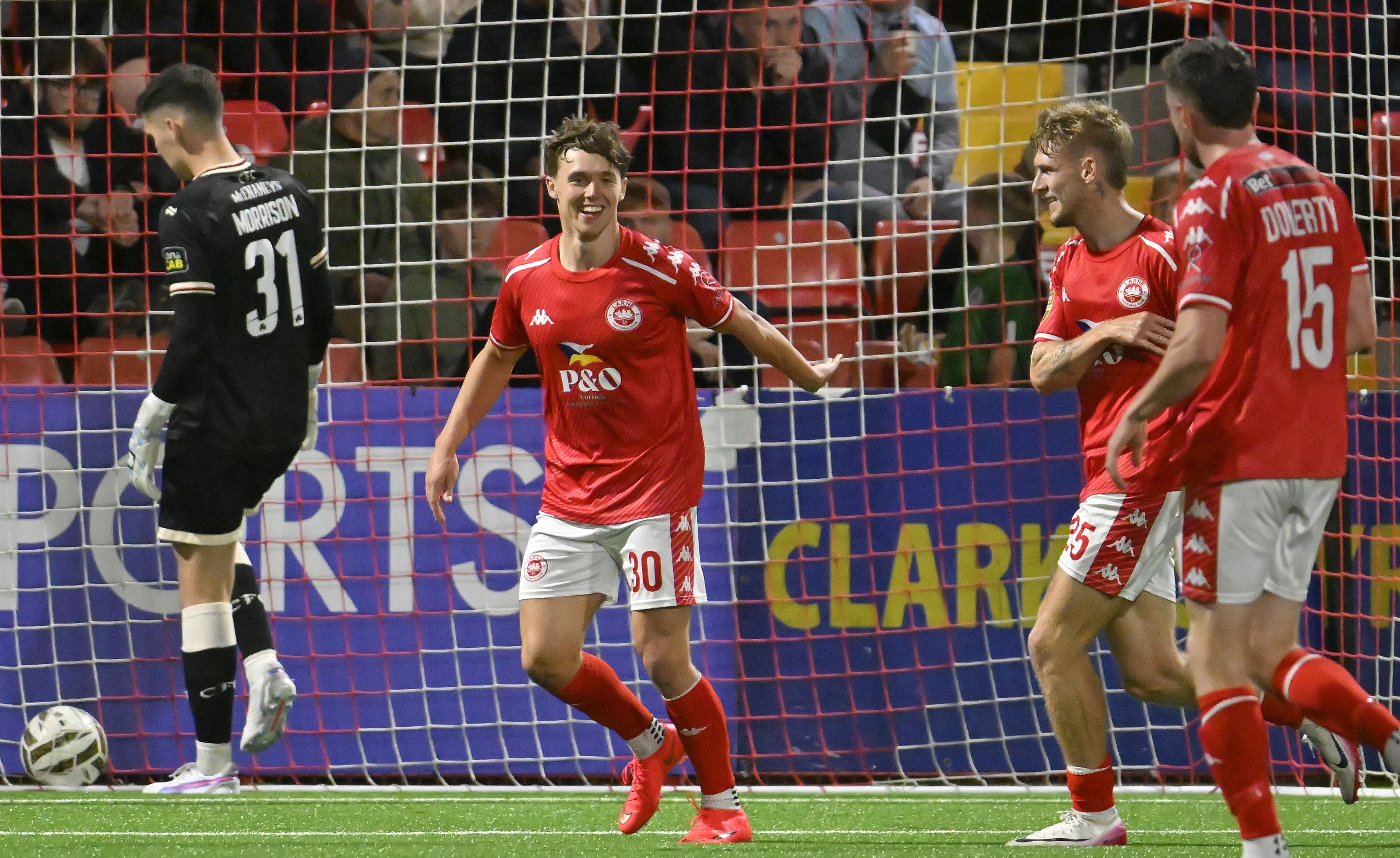 DOUBLE: Larne’s Matty Lusty celebrates after he scoring his second goal