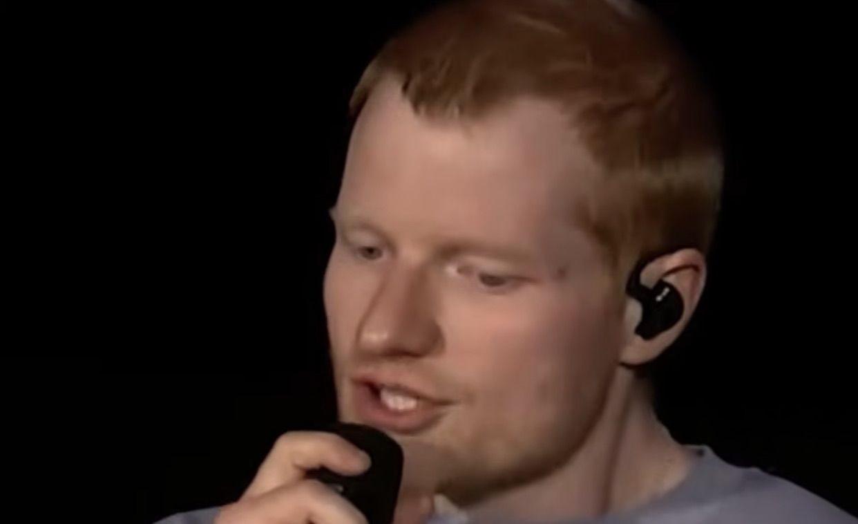 THERE IT IS: Ed Sheeran looks for the teleprompter as he reads out his prepared speech in Philadelphia