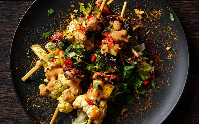 PLATING UP: Grilled chicken with broccoli and cauliflower skewers